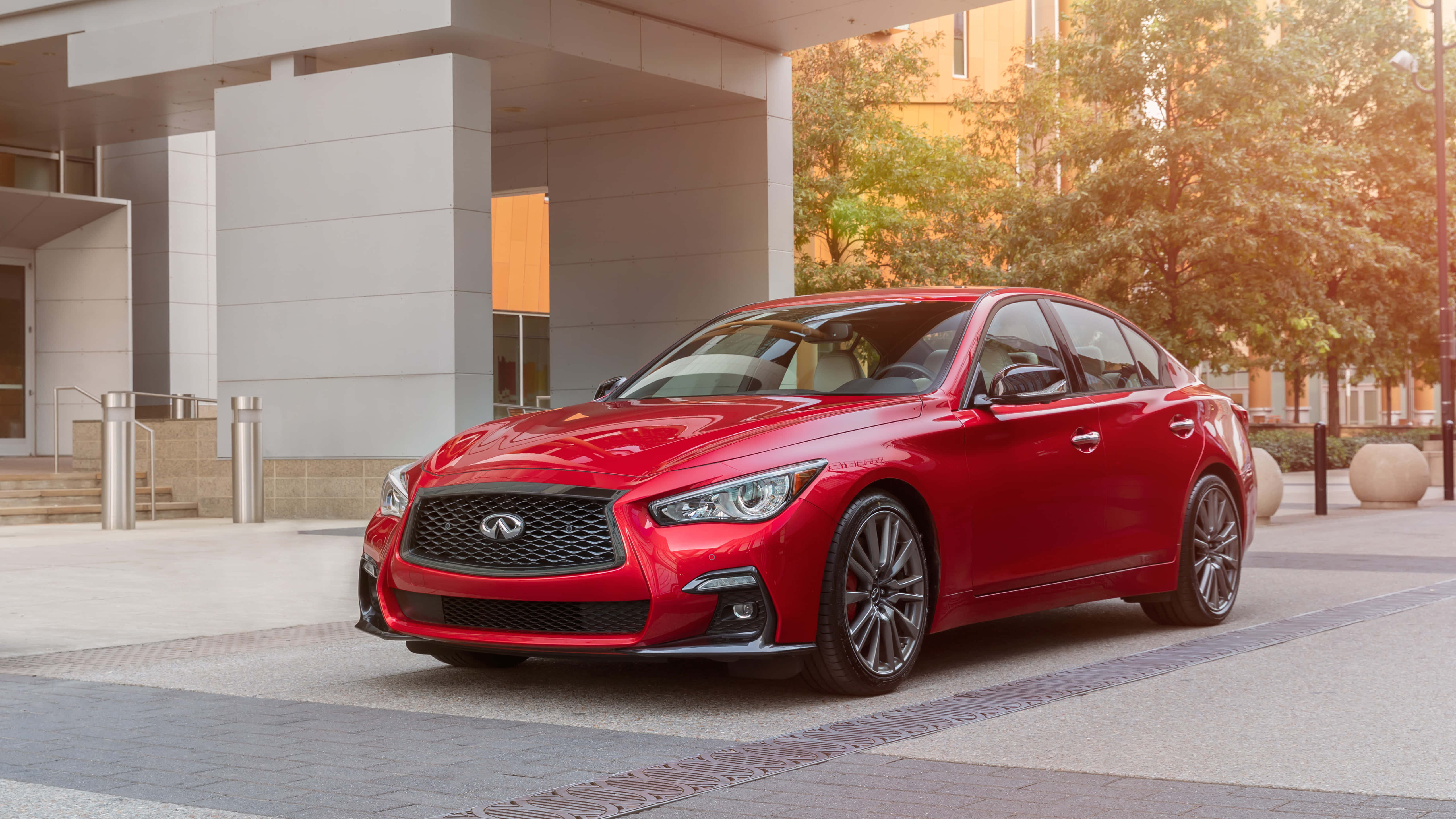 2019 Infiniti Q50, glossy red, paved plaza, 5K Desktop Wallpaper
