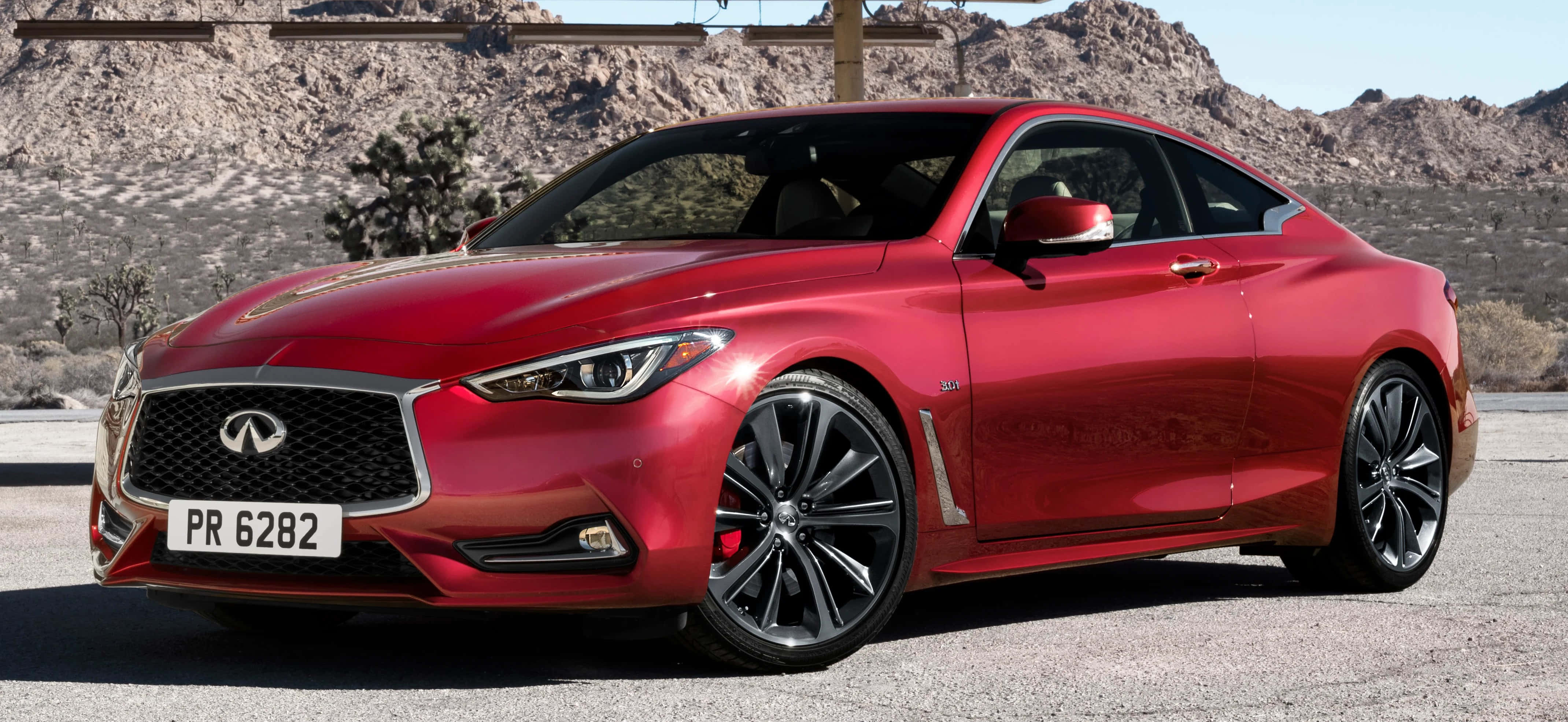 Infiniti Q60, glossy red, asphalt, 4K Desktop Wallpaper