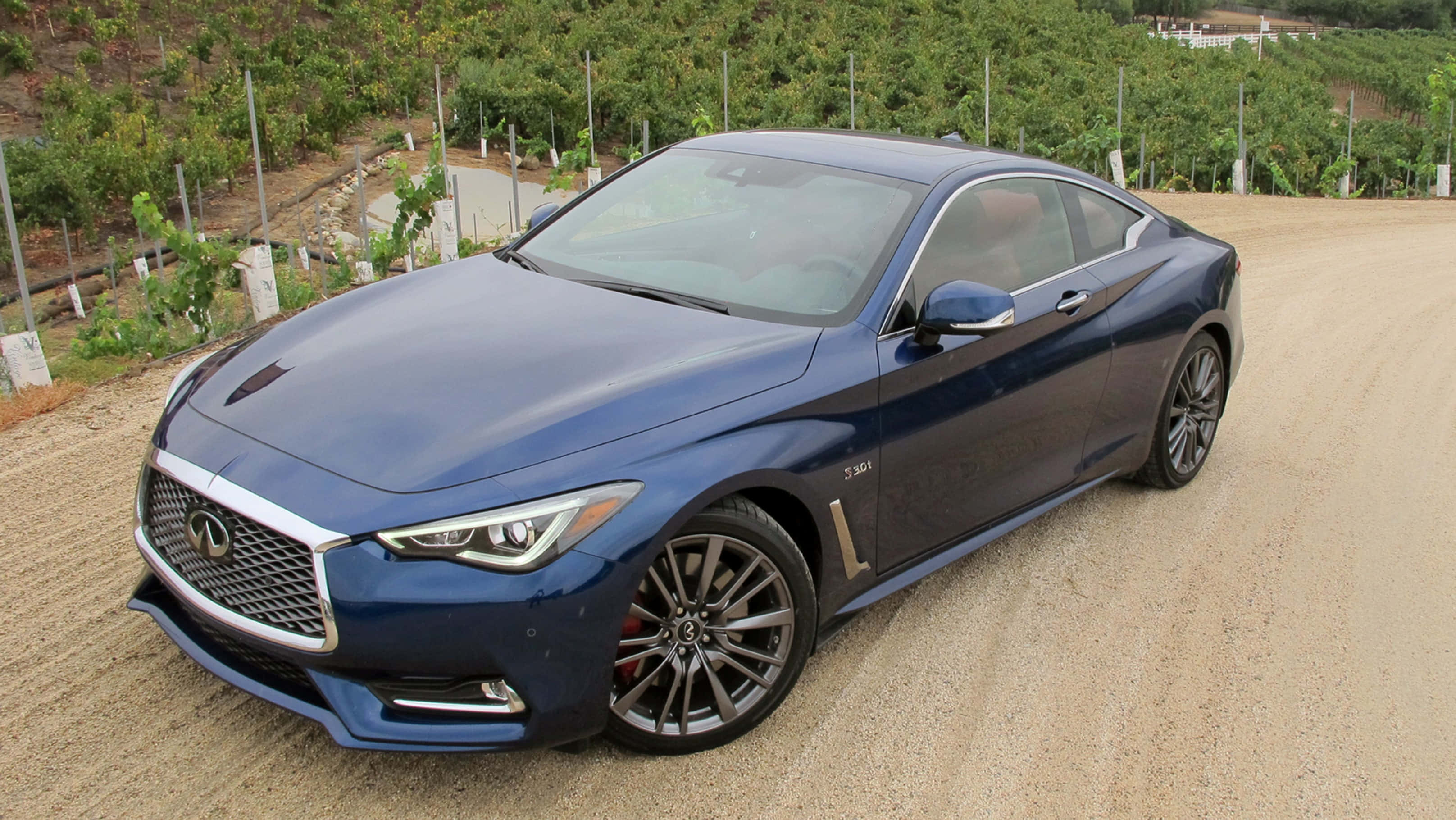 Infiniti Q60, blue, dirt road, 2K Desktop Wallpaper