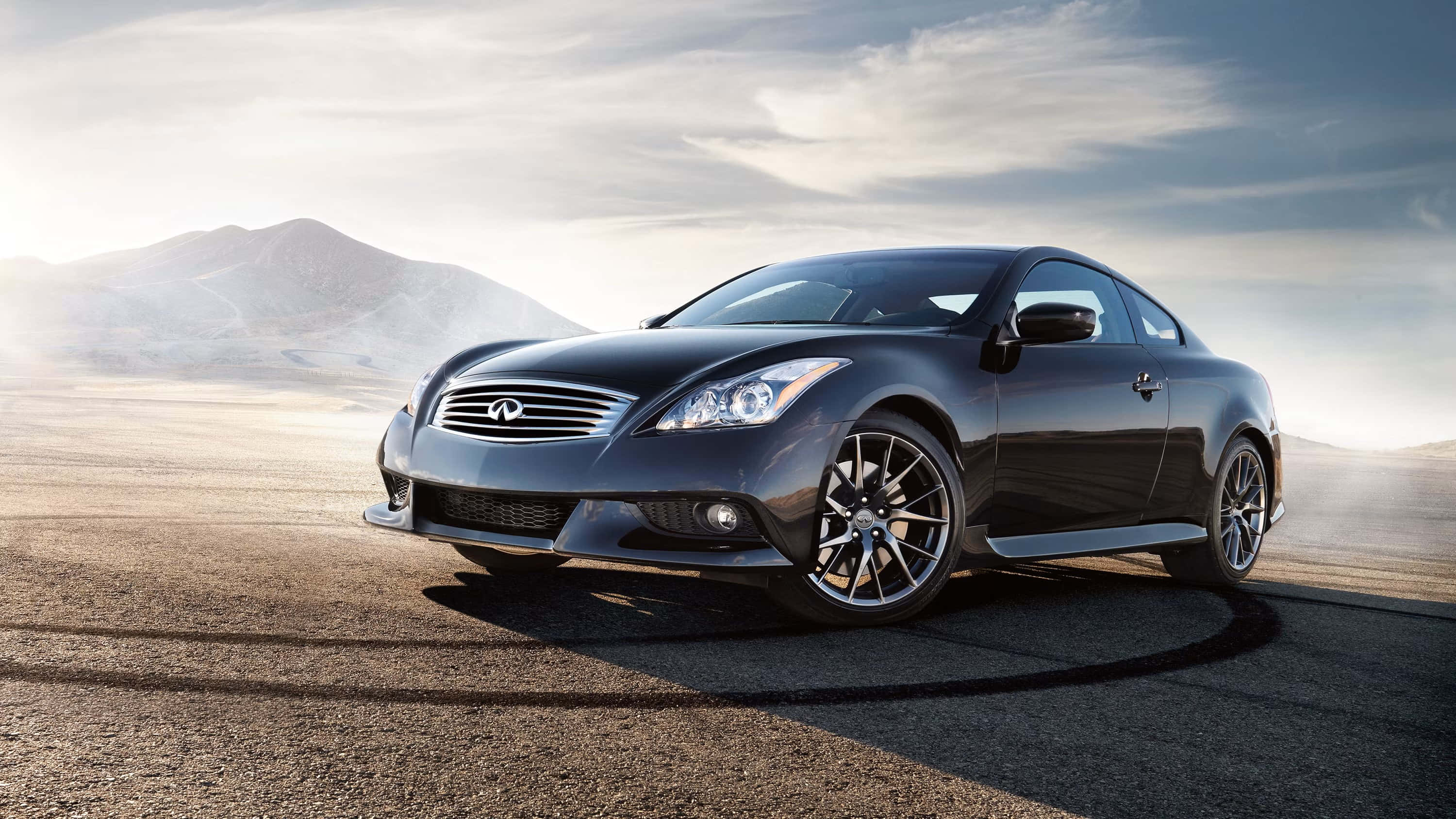 Infiniti Q60, black, desert road, 2K Desktop Wallpaper