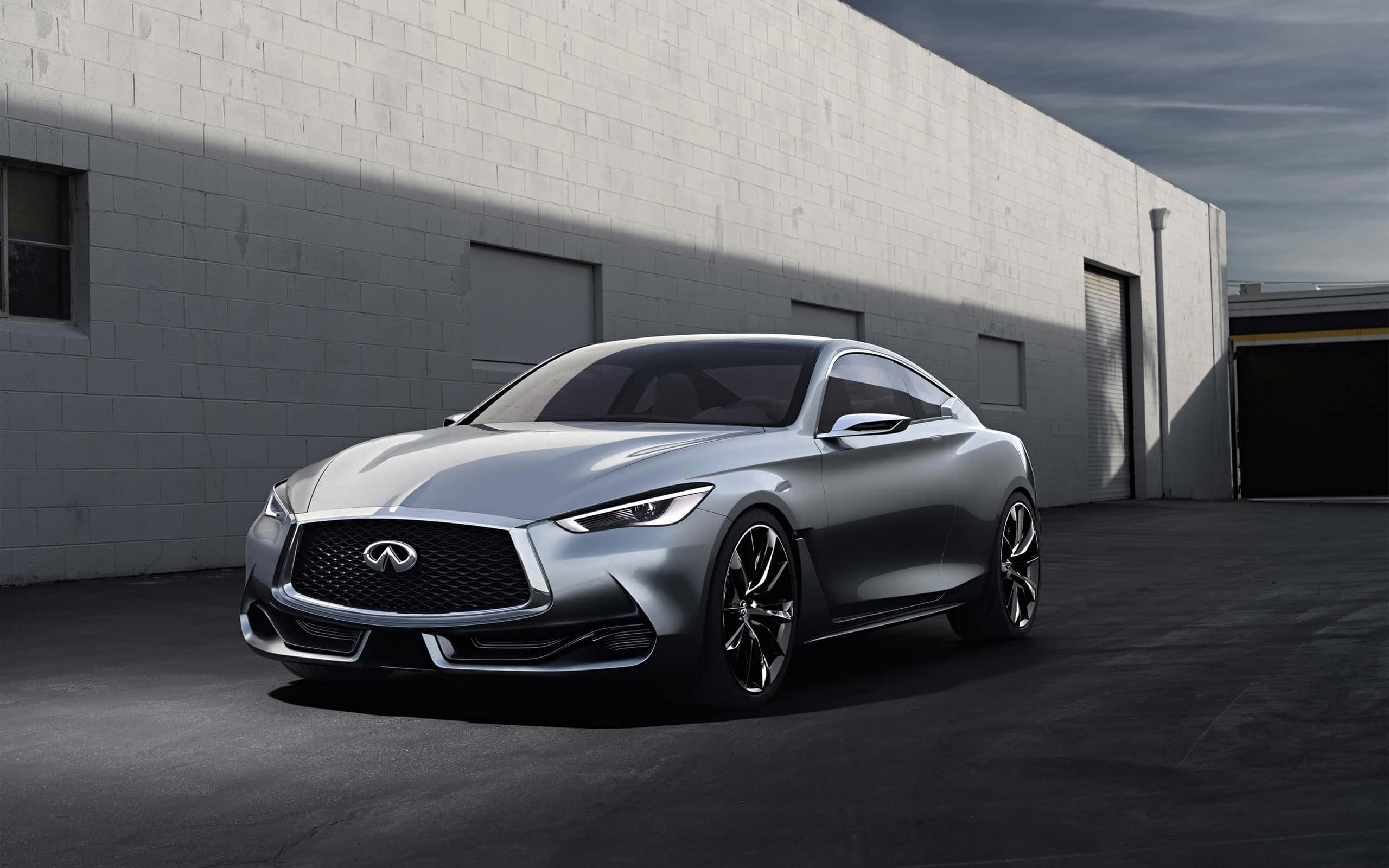 Infiniti Q60, silver, stark white brick warehouse, 2K Desktop Wallpaper
