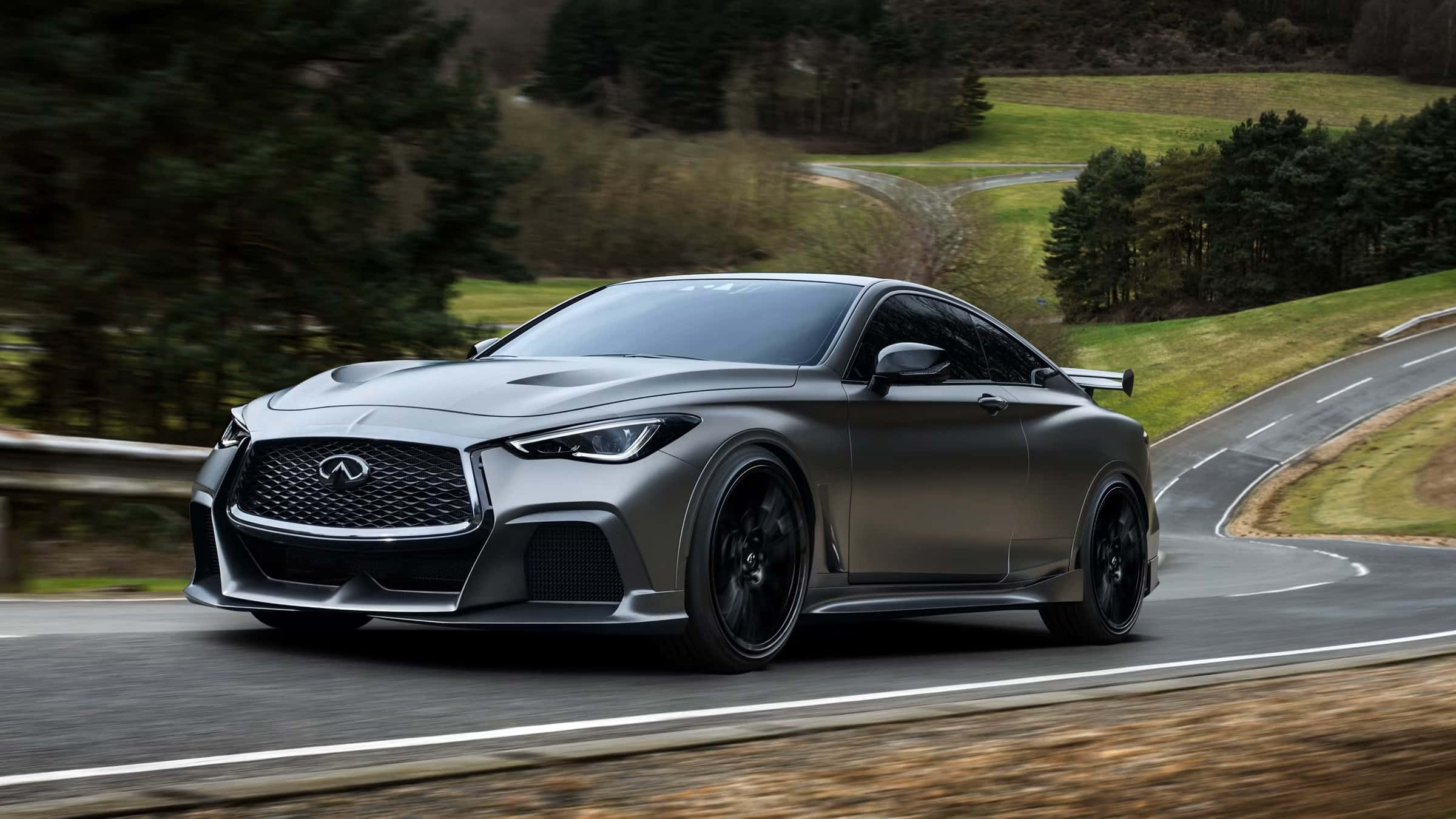 Infiniti Q60, matte gray, winding rural road, Full HD Desktop Wallpaper