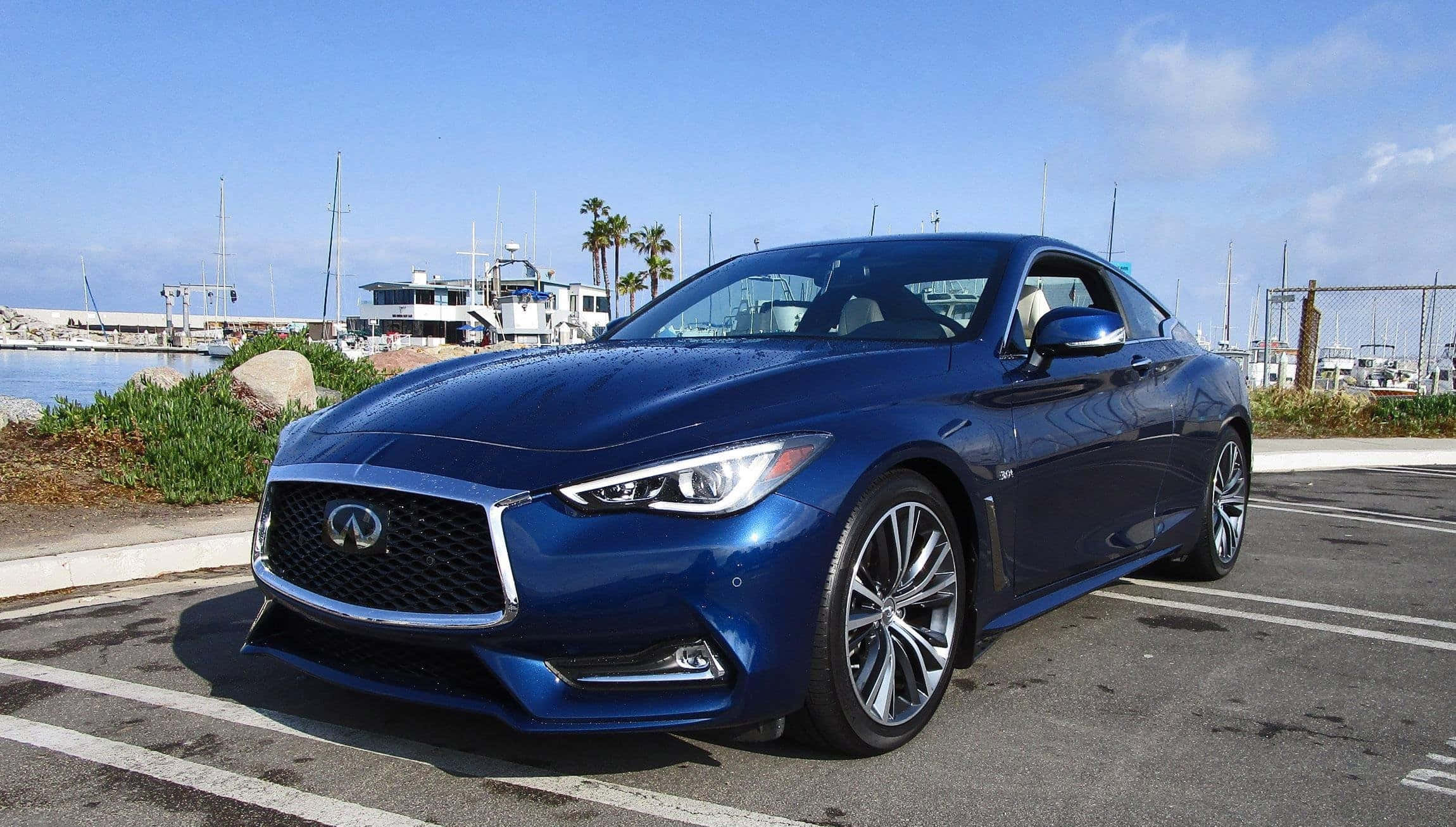 Infiniti Q60, blue, highway, Full HD Desktop Wallpaper