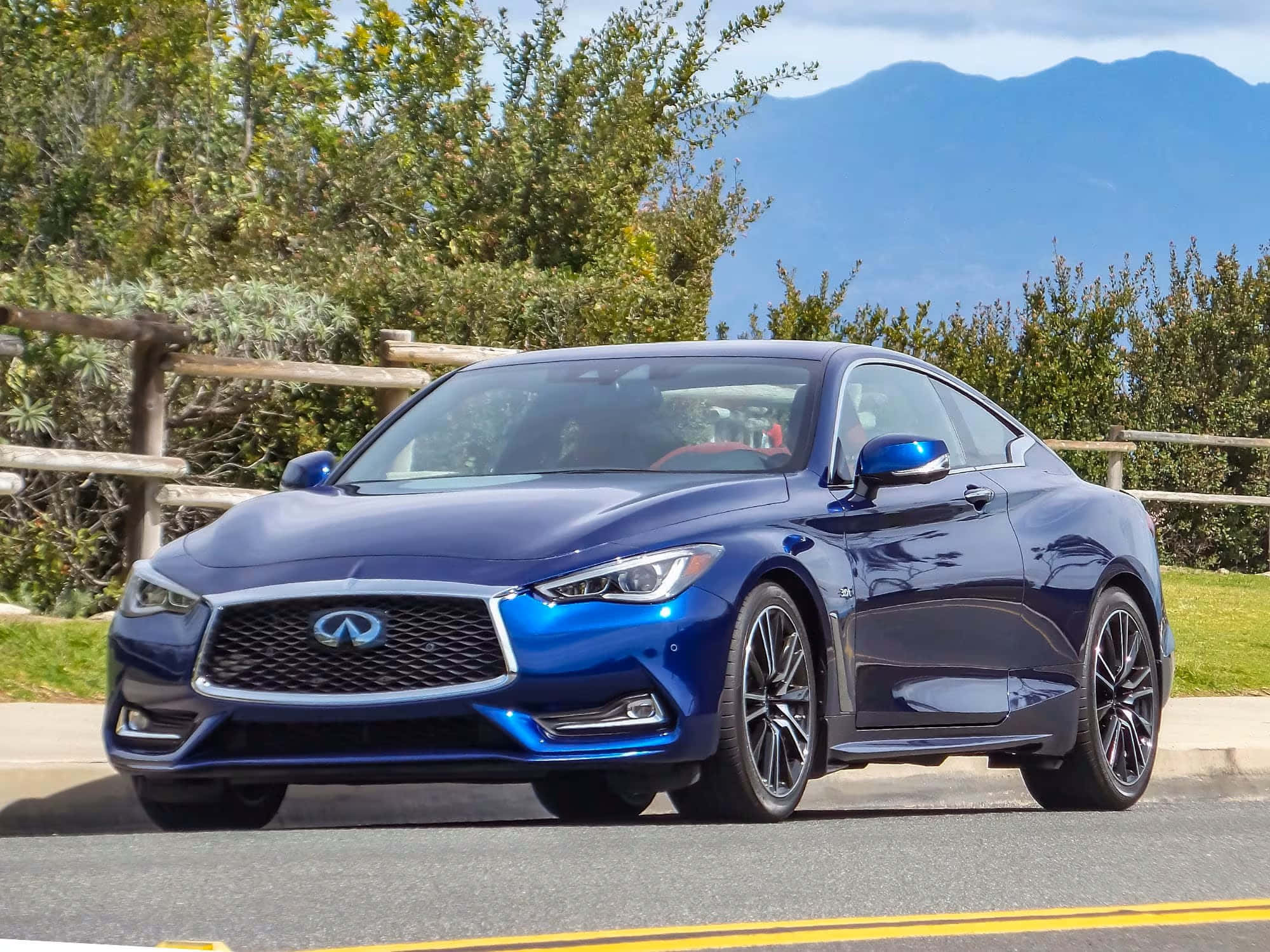 Infiniti Q60, blue, roadside, Full HD Desktop Wallpaper