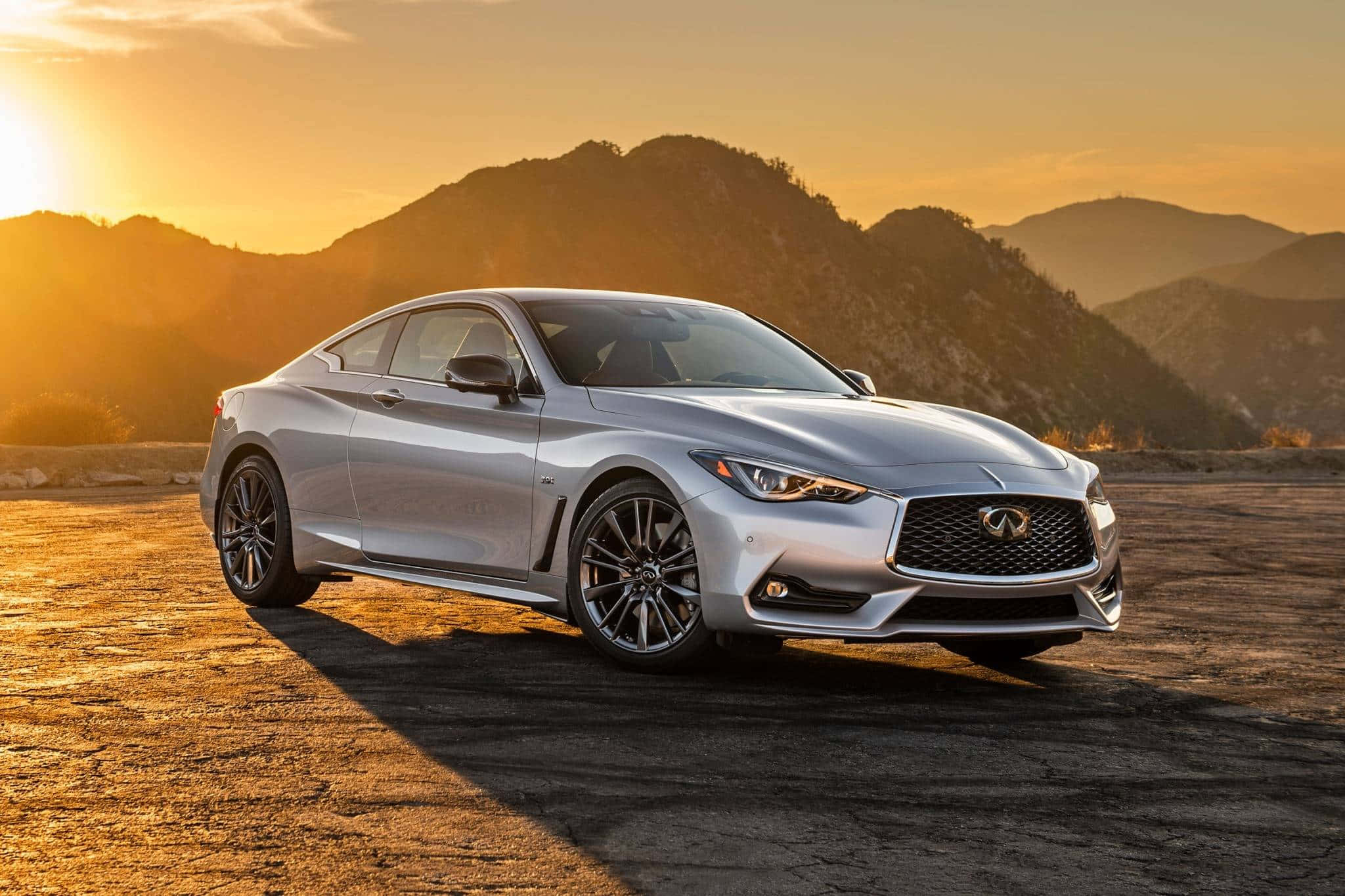 Infiniti Q60, silver, desert road, Full HD Desktop Wallpaper