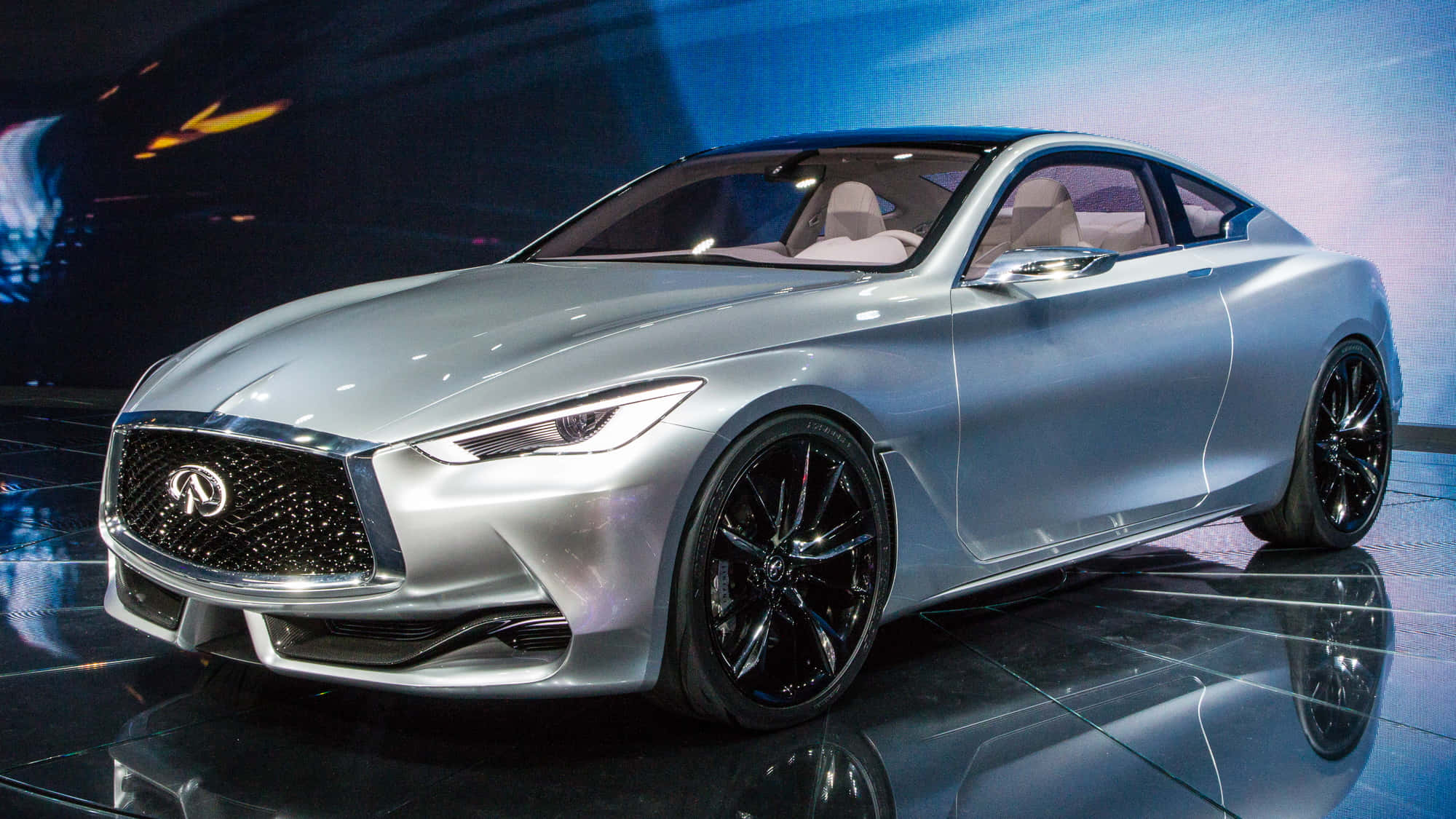 Infiniti Q60, silver, stage lights, Full HD Desktop Wallpaper