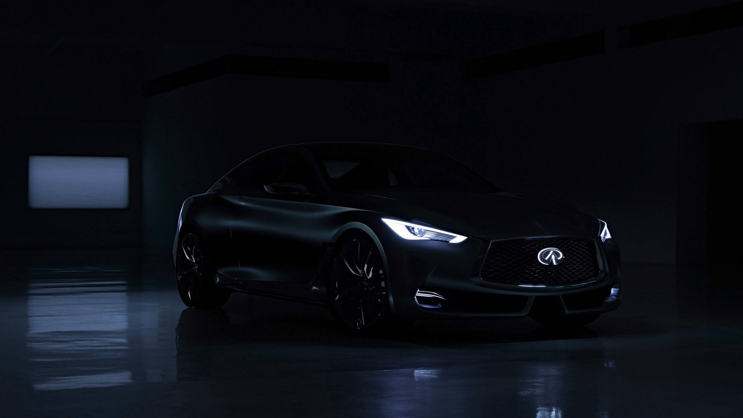 2017 Infiniti Q60, black, sharp headlights, 2K Desktop Wallpaper