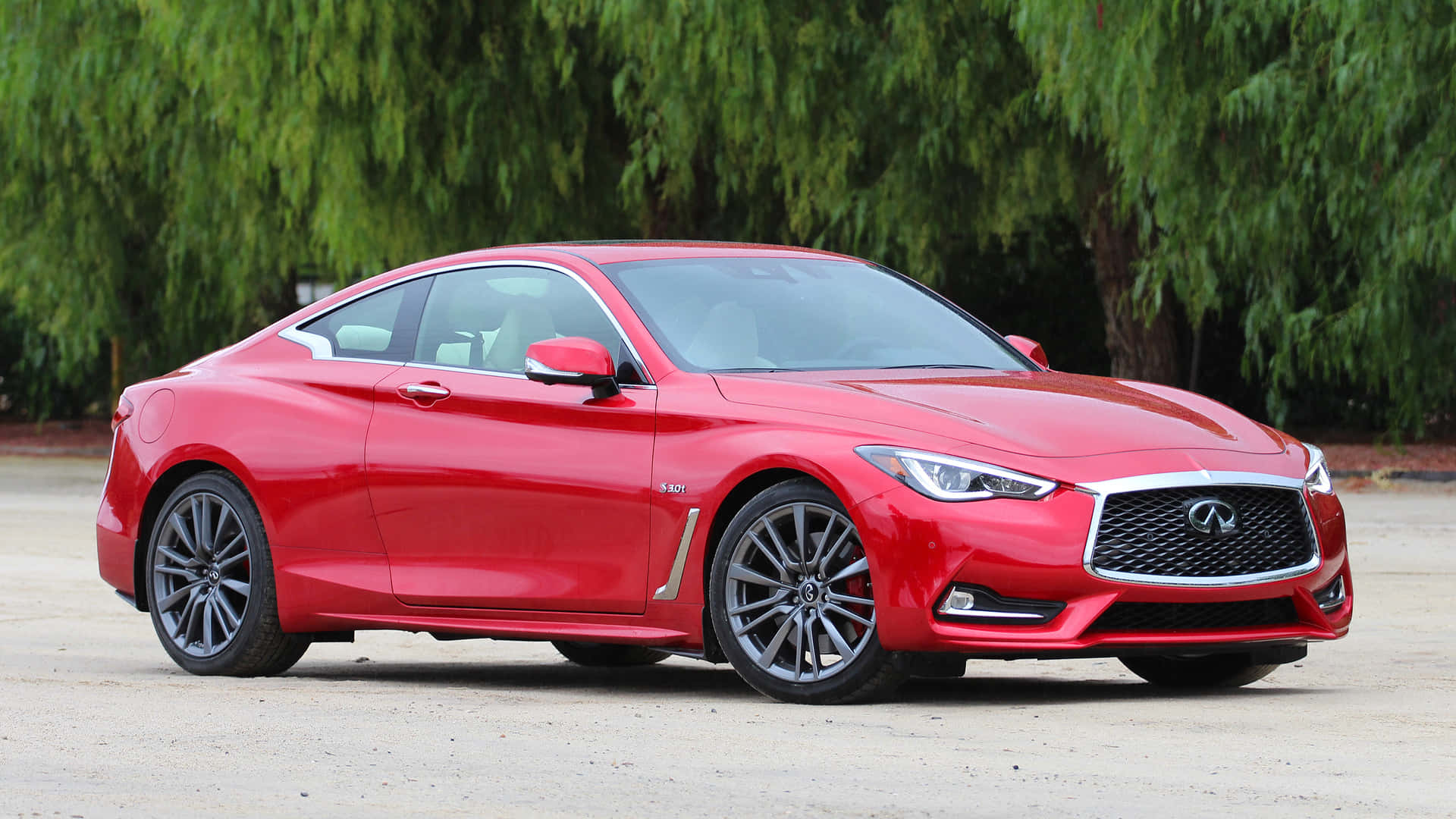 Infiniti Q60, glossy red, gravel, Full HD Desktop Wallpaper
