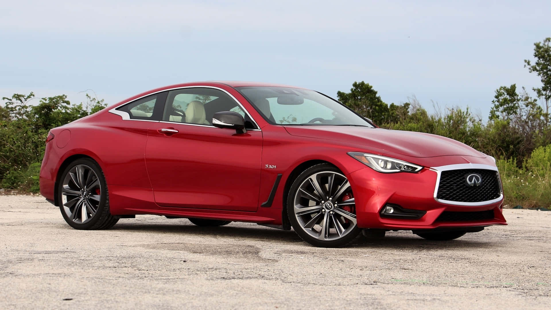 Infiniti Q60, glossy red, cracked asphalt, Full HD Desktop Wallpaper