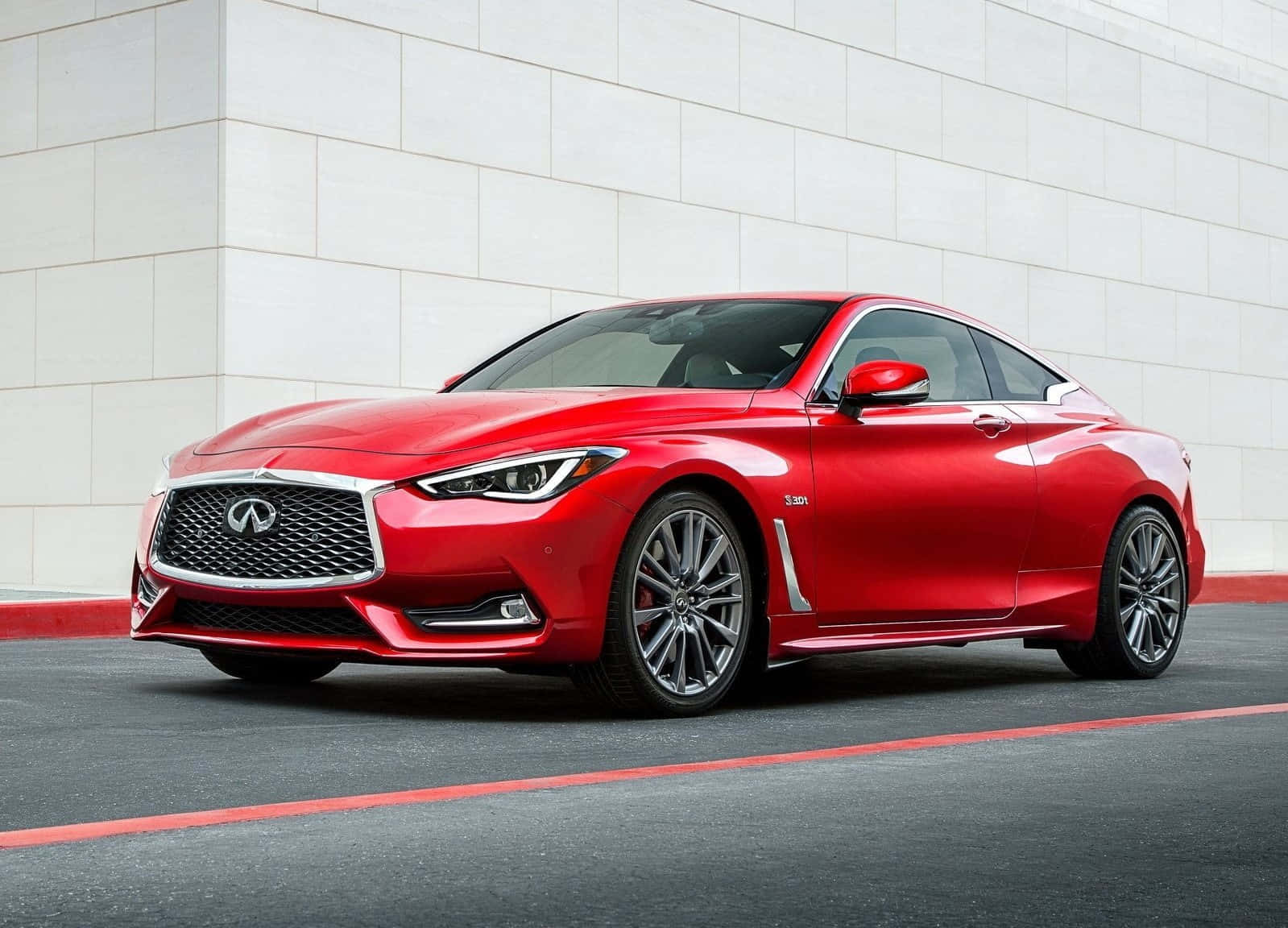 Infiniti Q60, glossy red, urban curb, HD Desktop Wallpaper