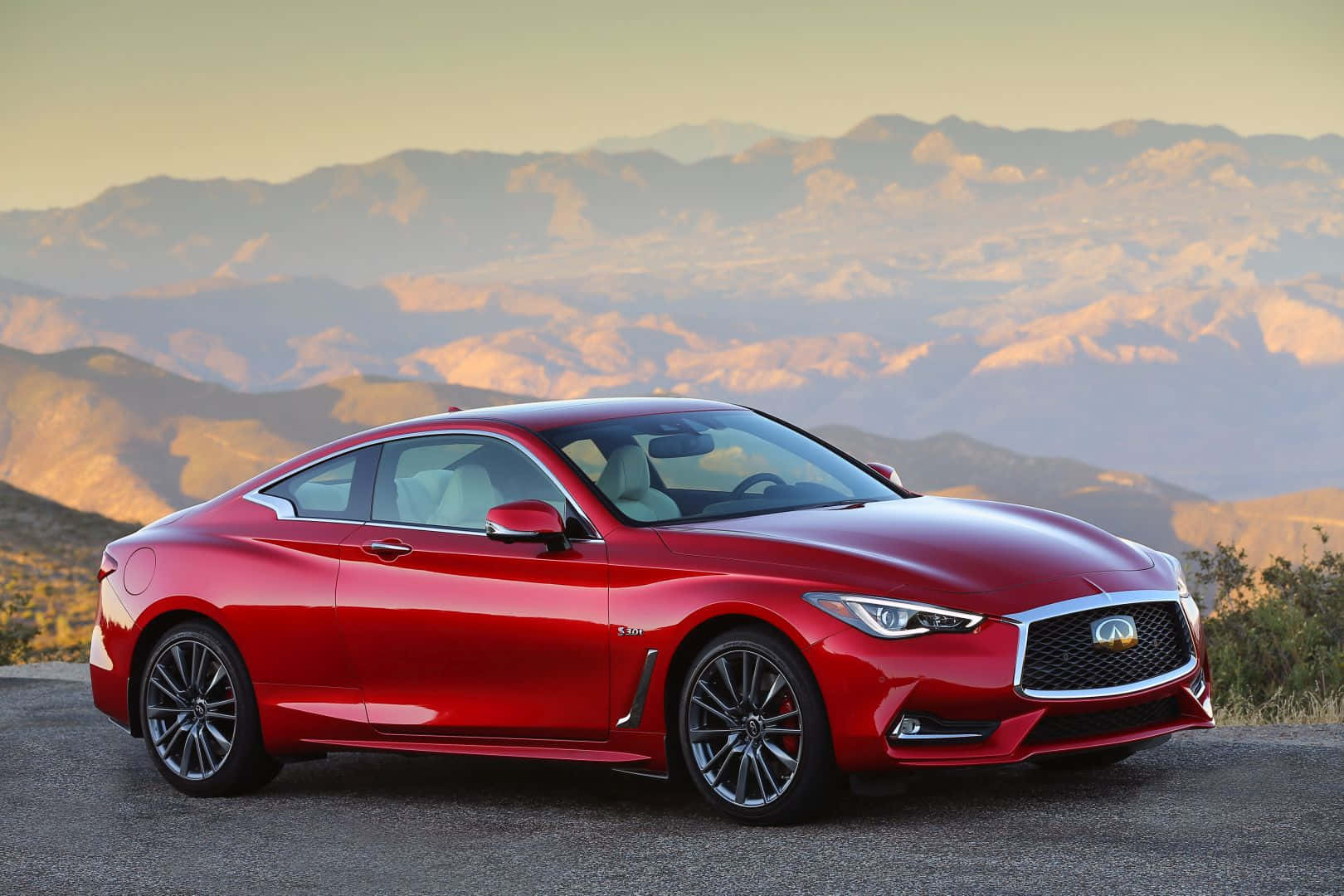 Infiniti Q60, glossy red, mountain overlook, HD Desktop Wallpaper