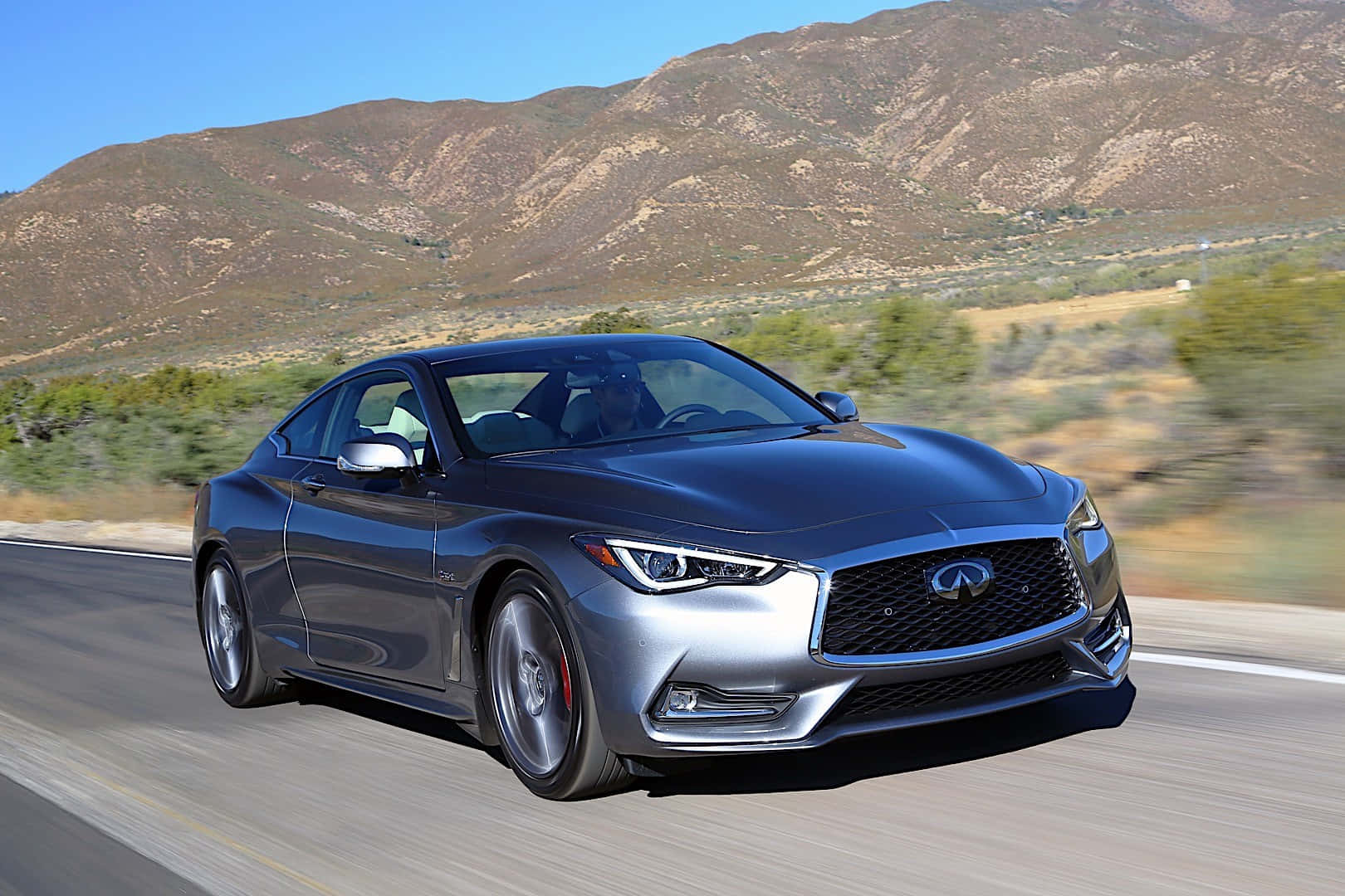 Infiniti Q60, silver, desert highway, HD Desktop Wallpaper