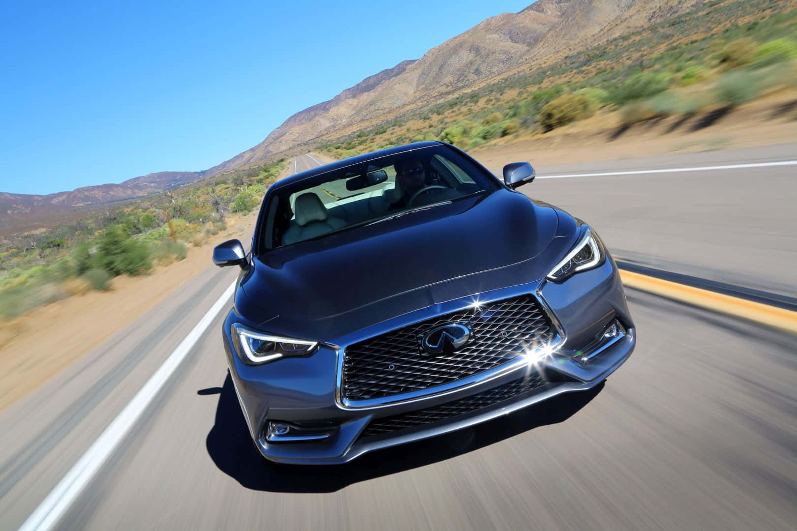 Infiniti Q60, blue sports car, desert highway, HD Desktop Wallpaper