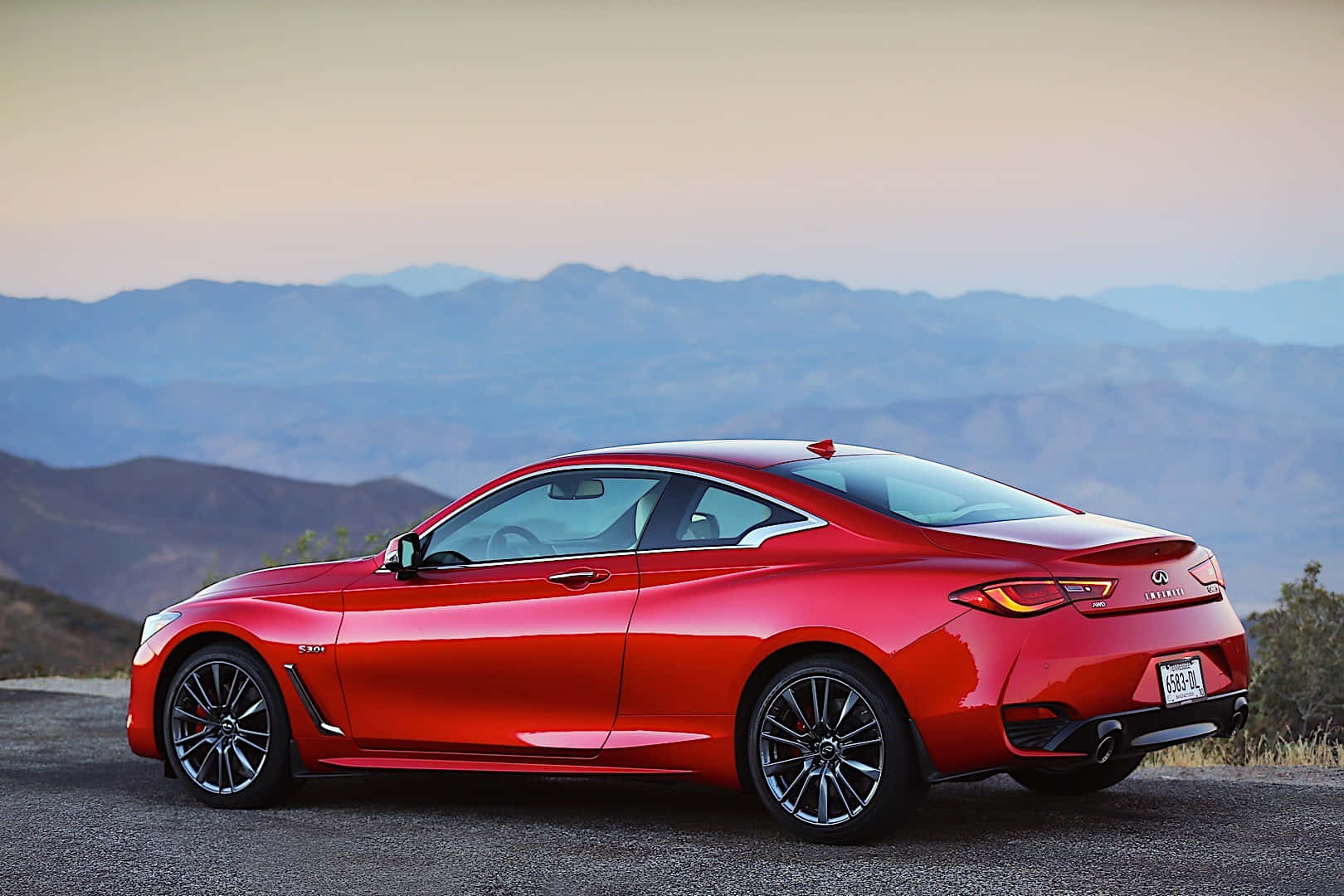 Infiniti Q60, glossy red, mountain road, HD Desktop Wallpaper