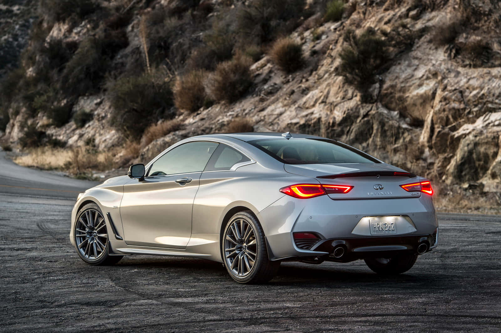 Infiniti Q60, silver, glowing red taillights, HD Desktop Wallpaper