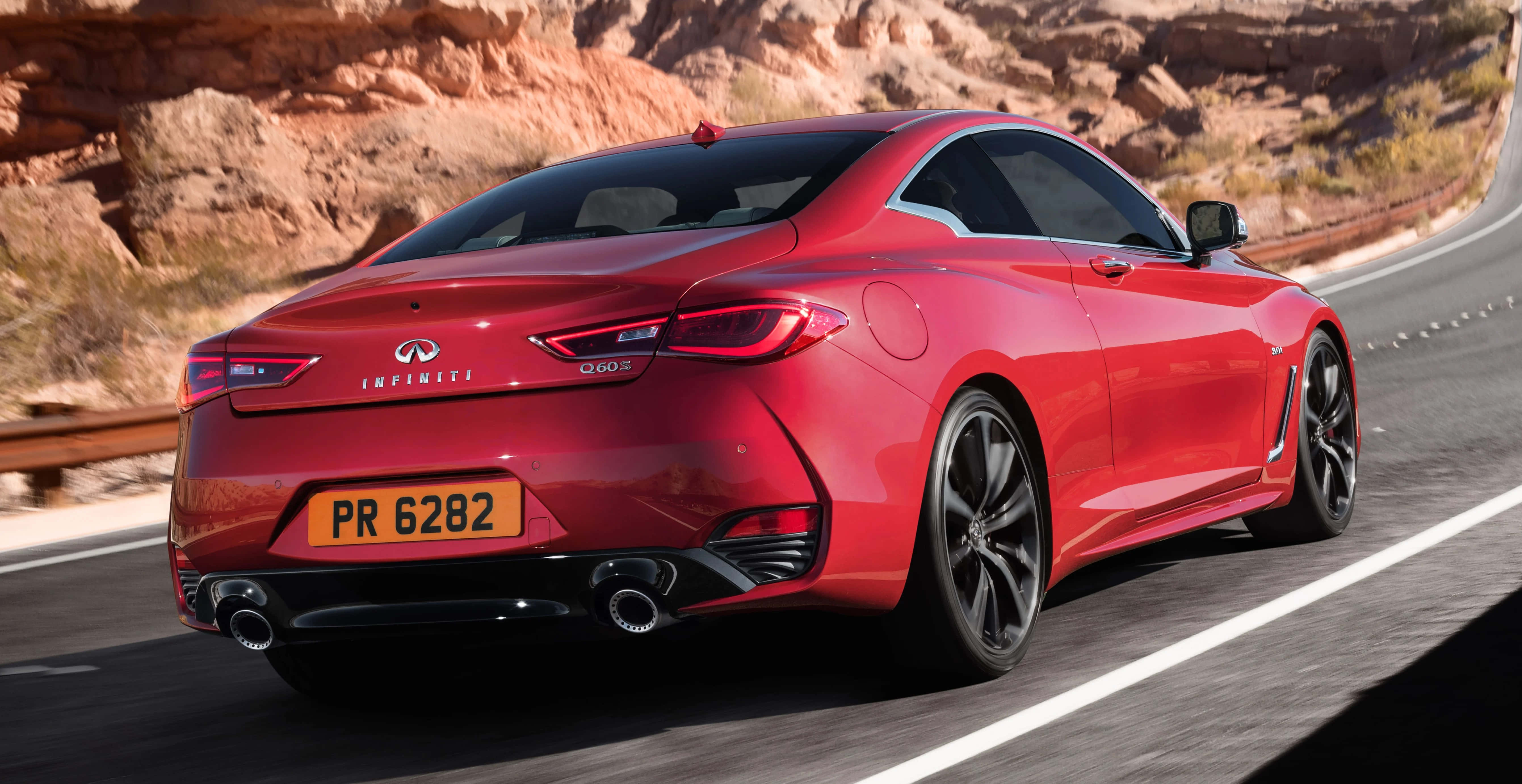 Infiniti Q60, glossy red, winding desert road, 5K Desktop Wallpaper