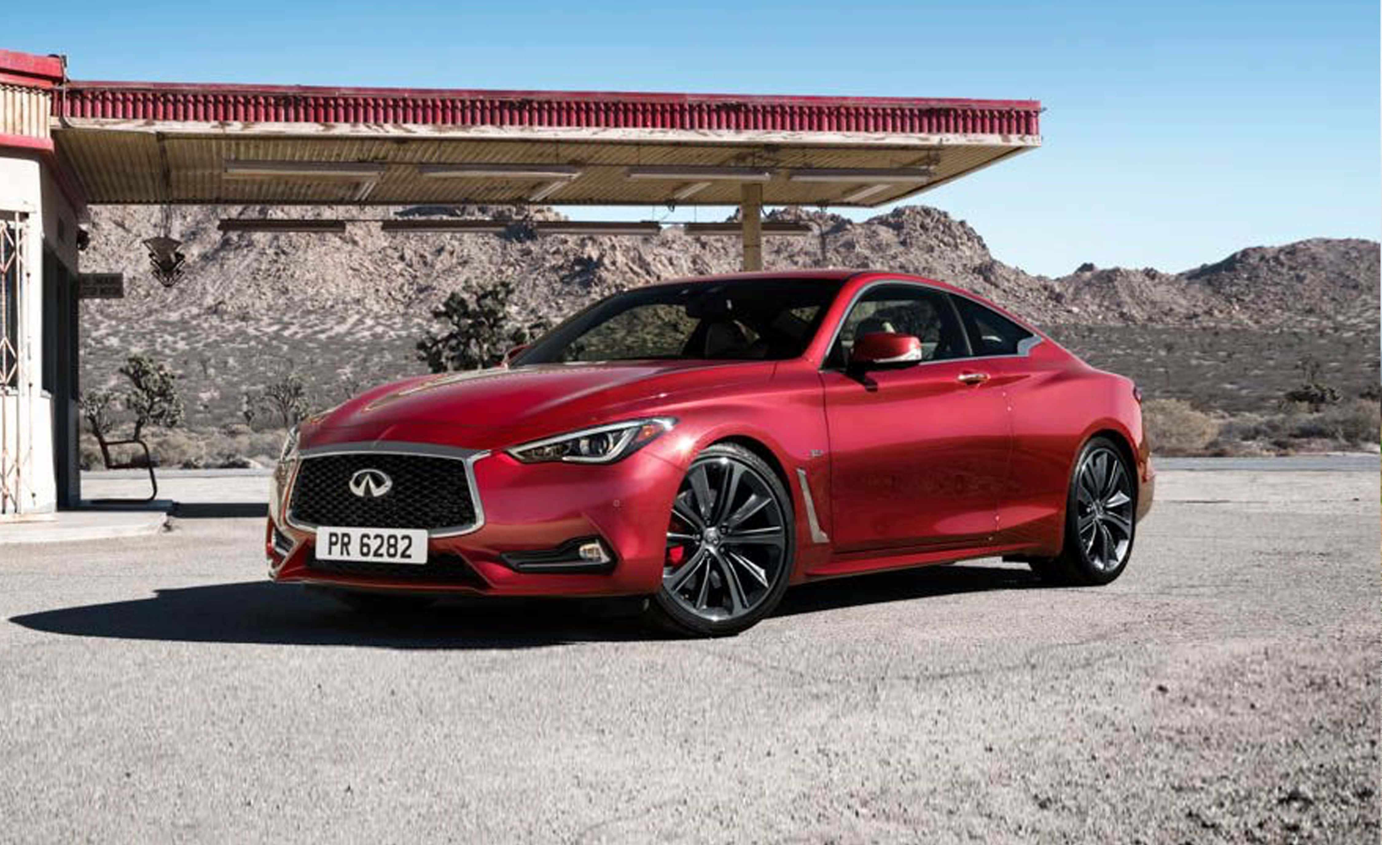 Infiniti Q60, glossy red, desert gas station, 4K Desktop Wallpaper