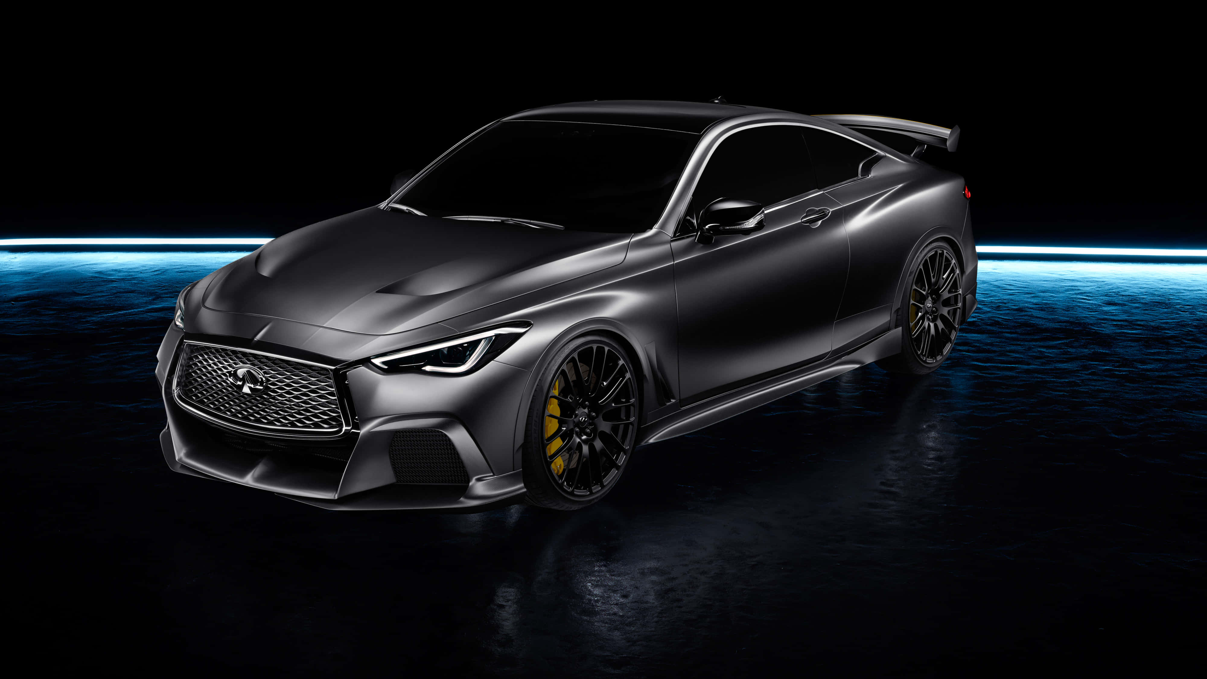 Infiniti Q60, matte black, yellow brake calipers, 4K Desktop Wallpaper