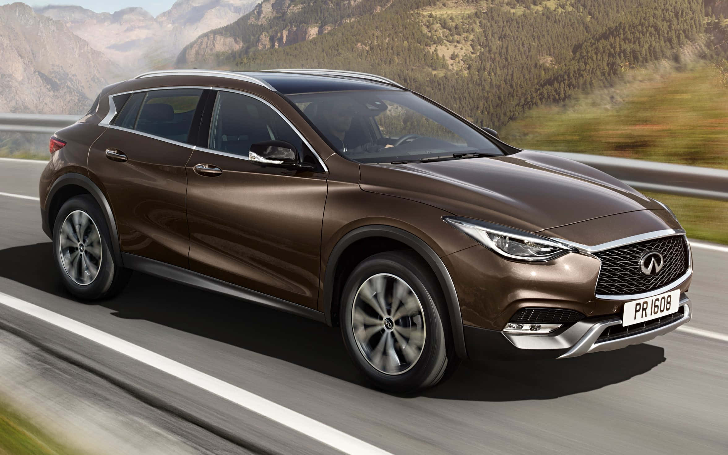 Infiniti QX30, mountain highway, blurred greenery, Full HD Desktop Wallpaper