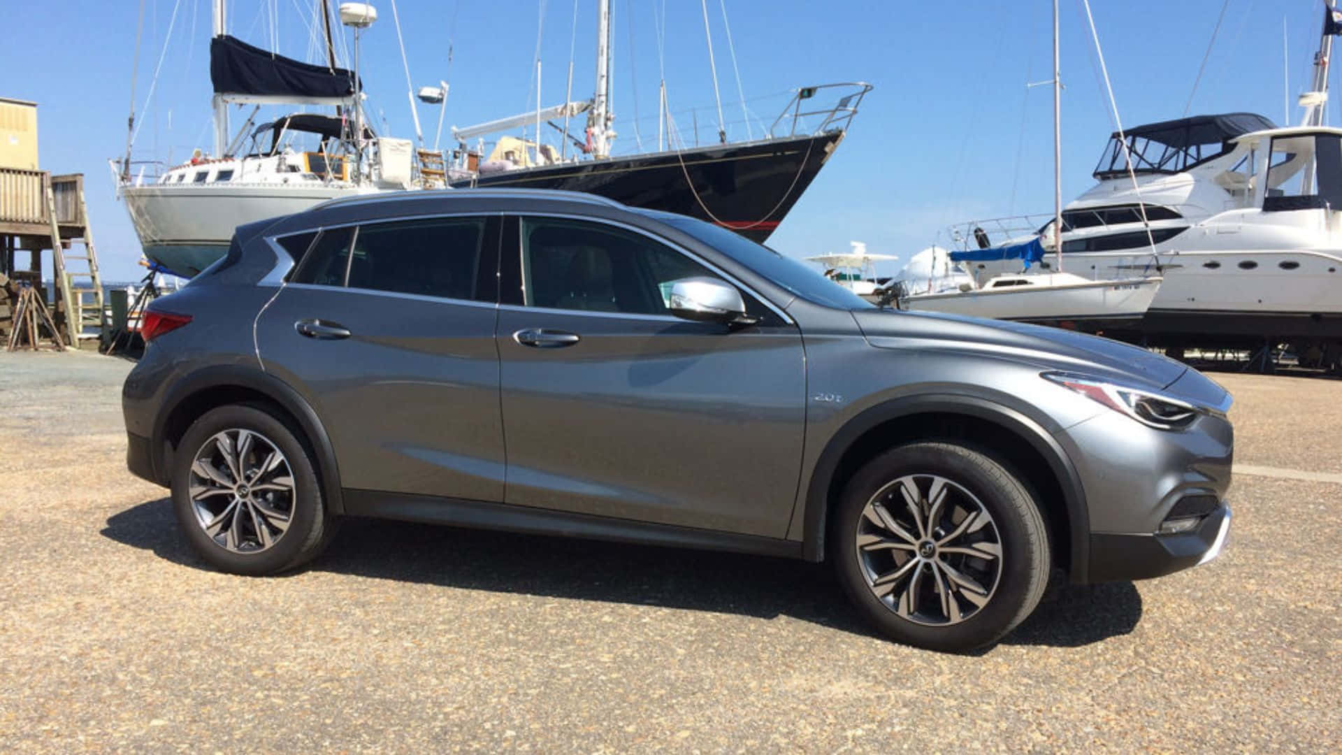 Infiniti QX30, sleek silver SUV, urban landscape, Full HD Desktop Wallpaper