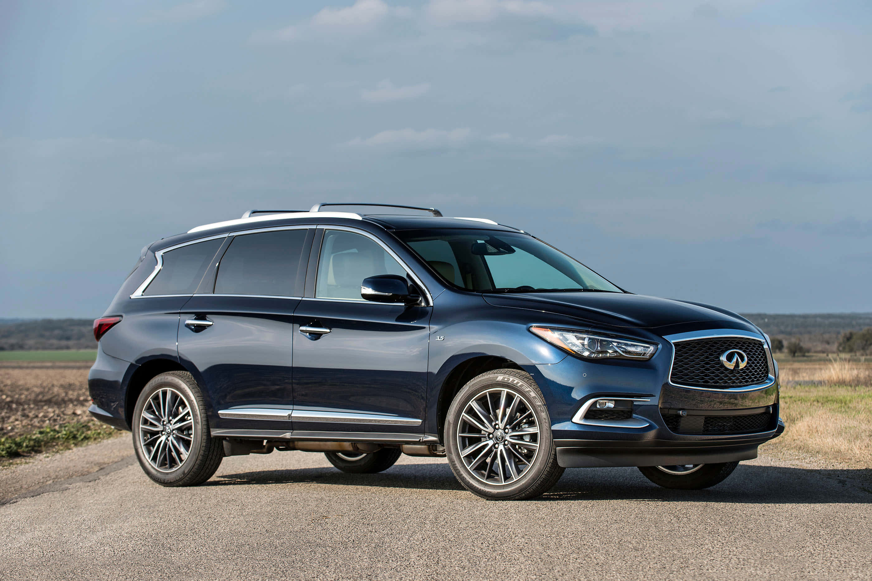 Infiniti QX60, dark blue, gravel road, 2K Desktop Wallpaper