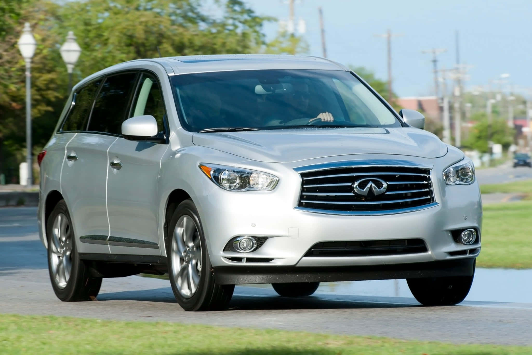 Infiniti QX60, silver, paved road, Full HD Desktop Wallpaper