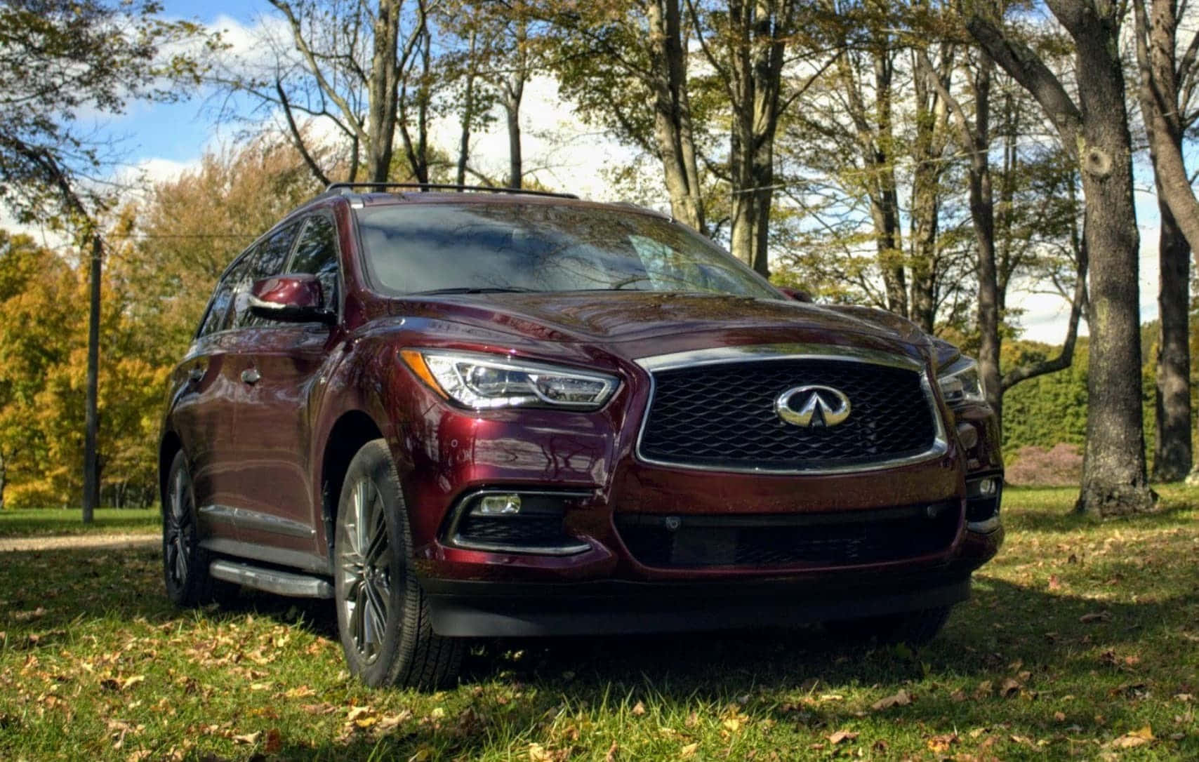 Infiniti QX60, maroon, autumn trees, HD Desktop Wallpaper