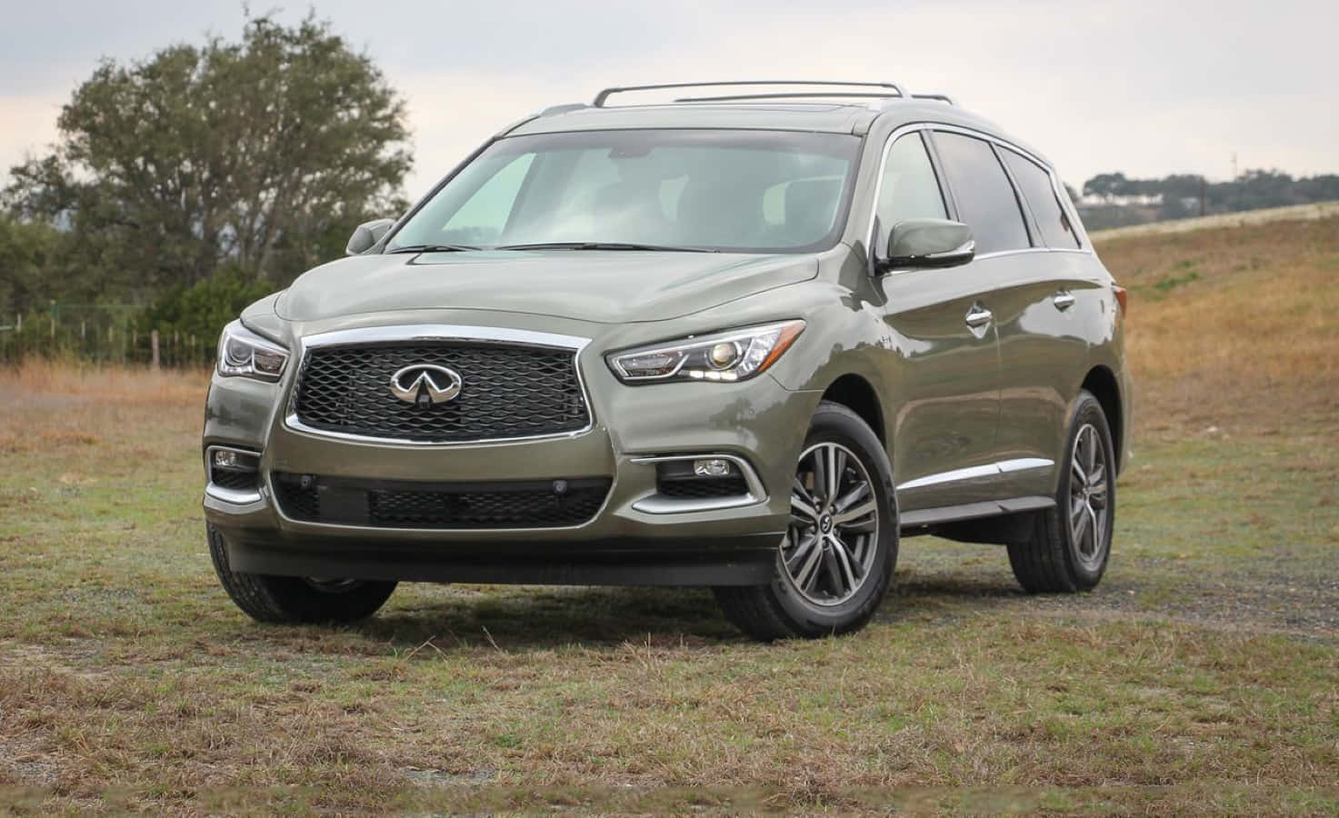 Infiniti QX60, olive green, grassy field, HD Desktop Wallpaper