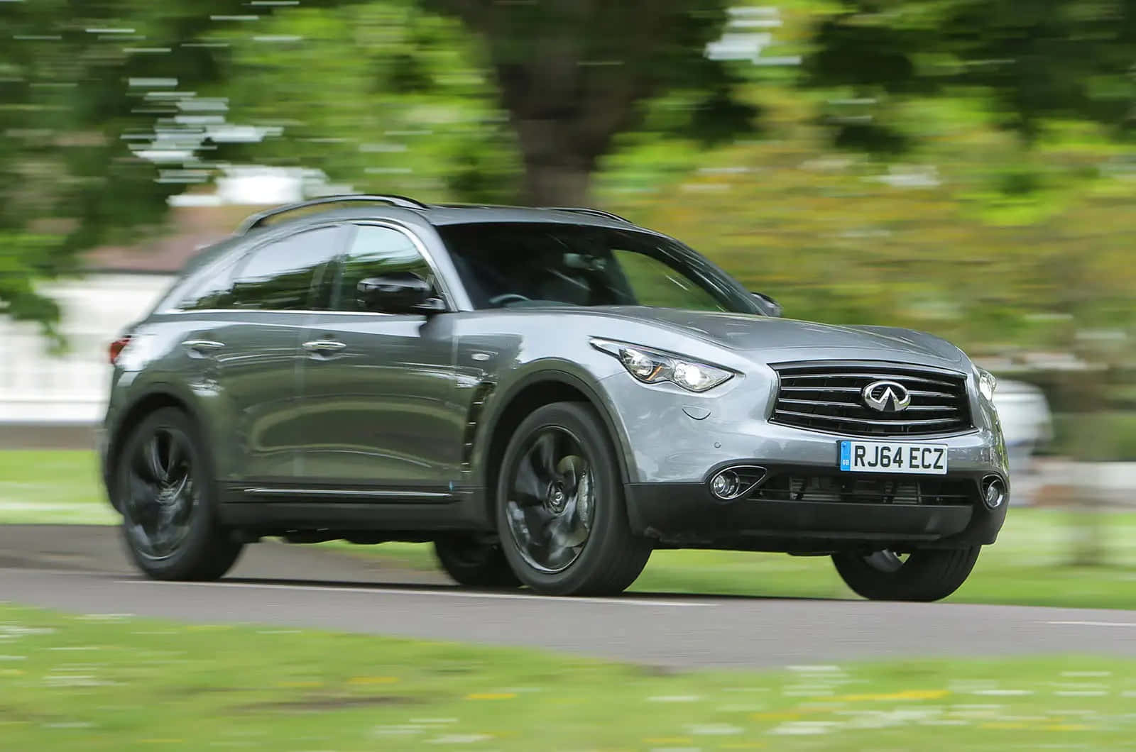 Infiniti QX70, silver, tree-lined road, HD Desktop Wallpaper