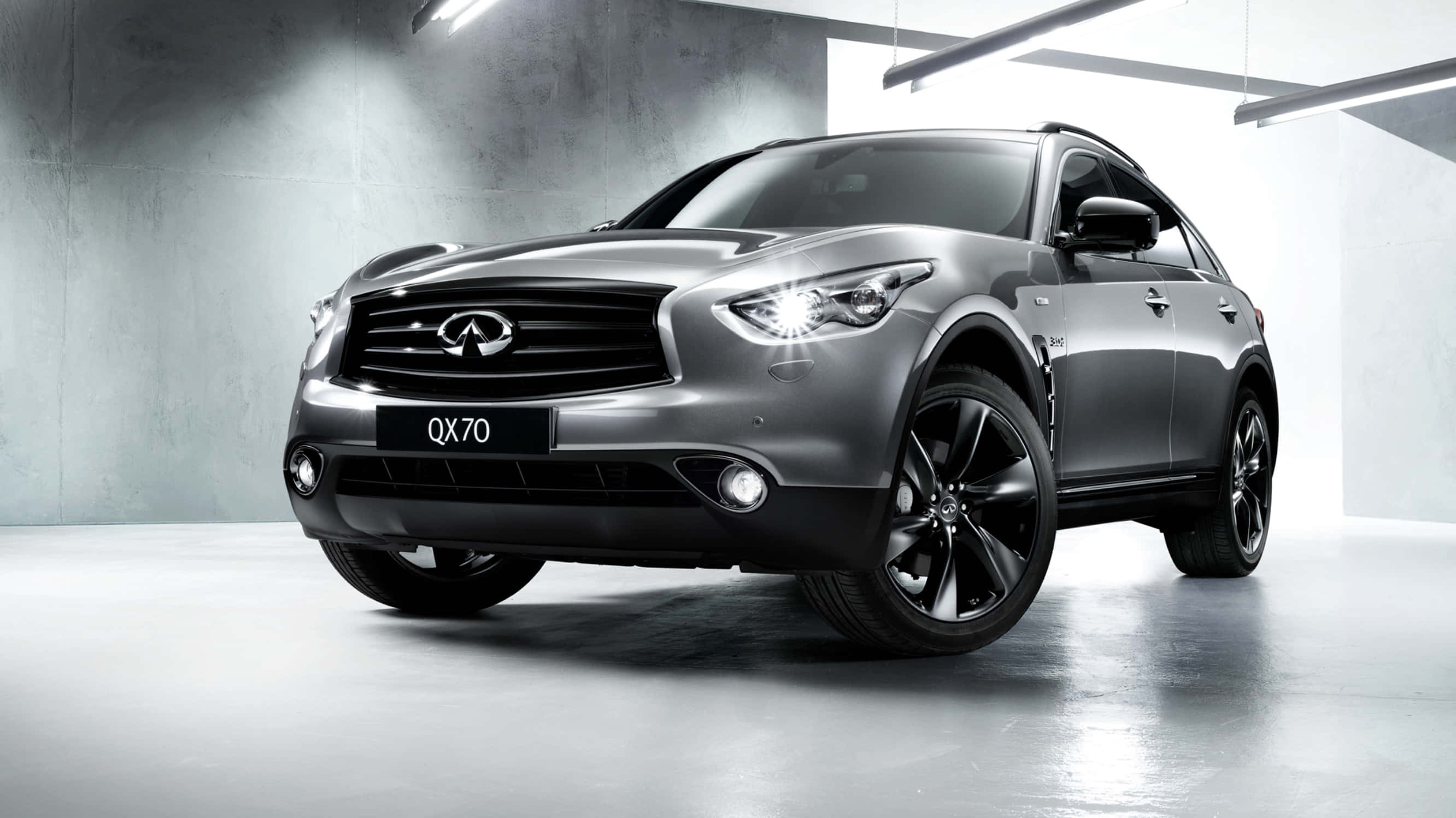 Infiniti QX70, silver, polished concrete floors, 2K Desktop Wallpaper