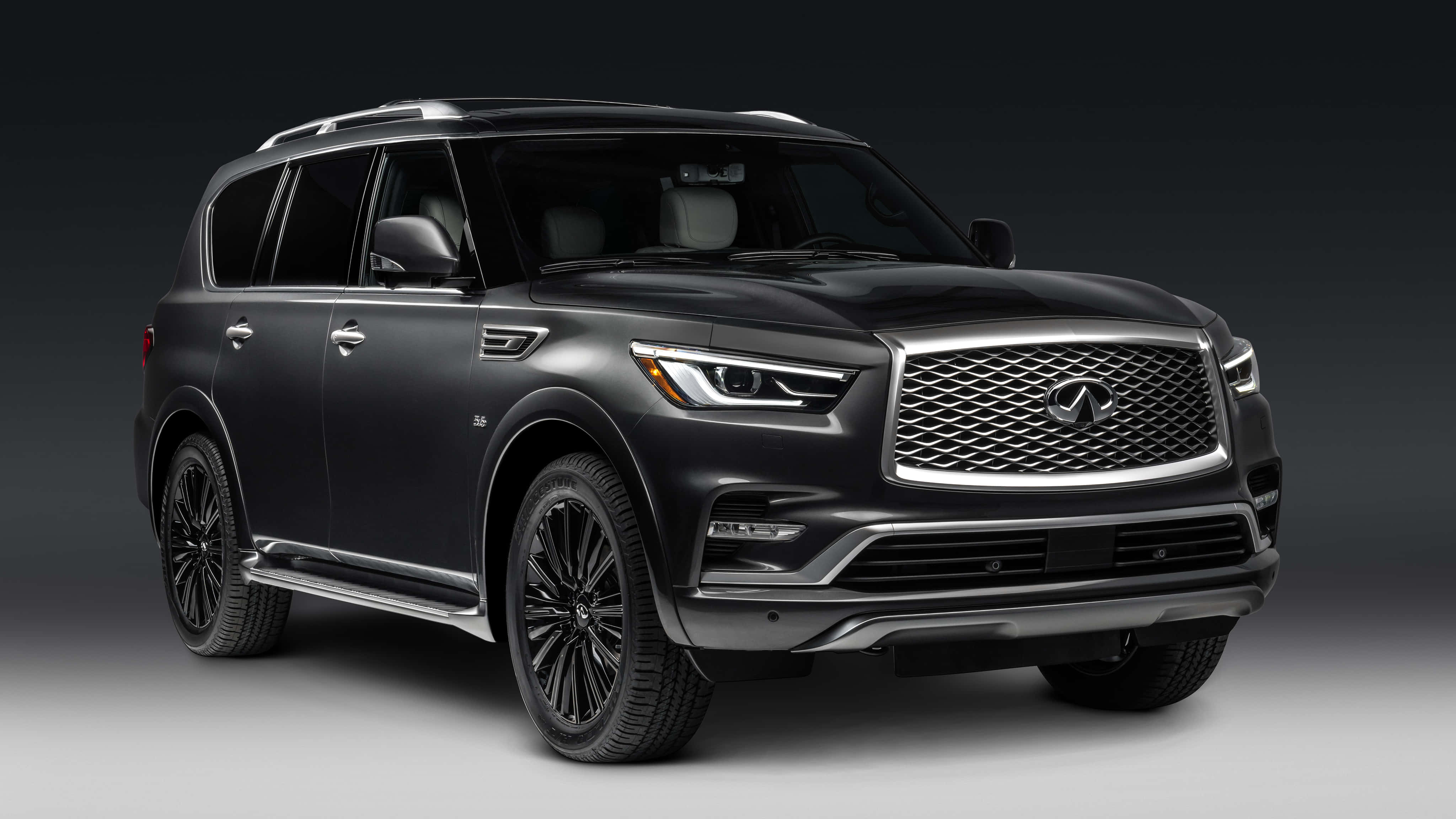 Infiniti QX80, matte black, chrome accents, 4K Desktop Wallpaper