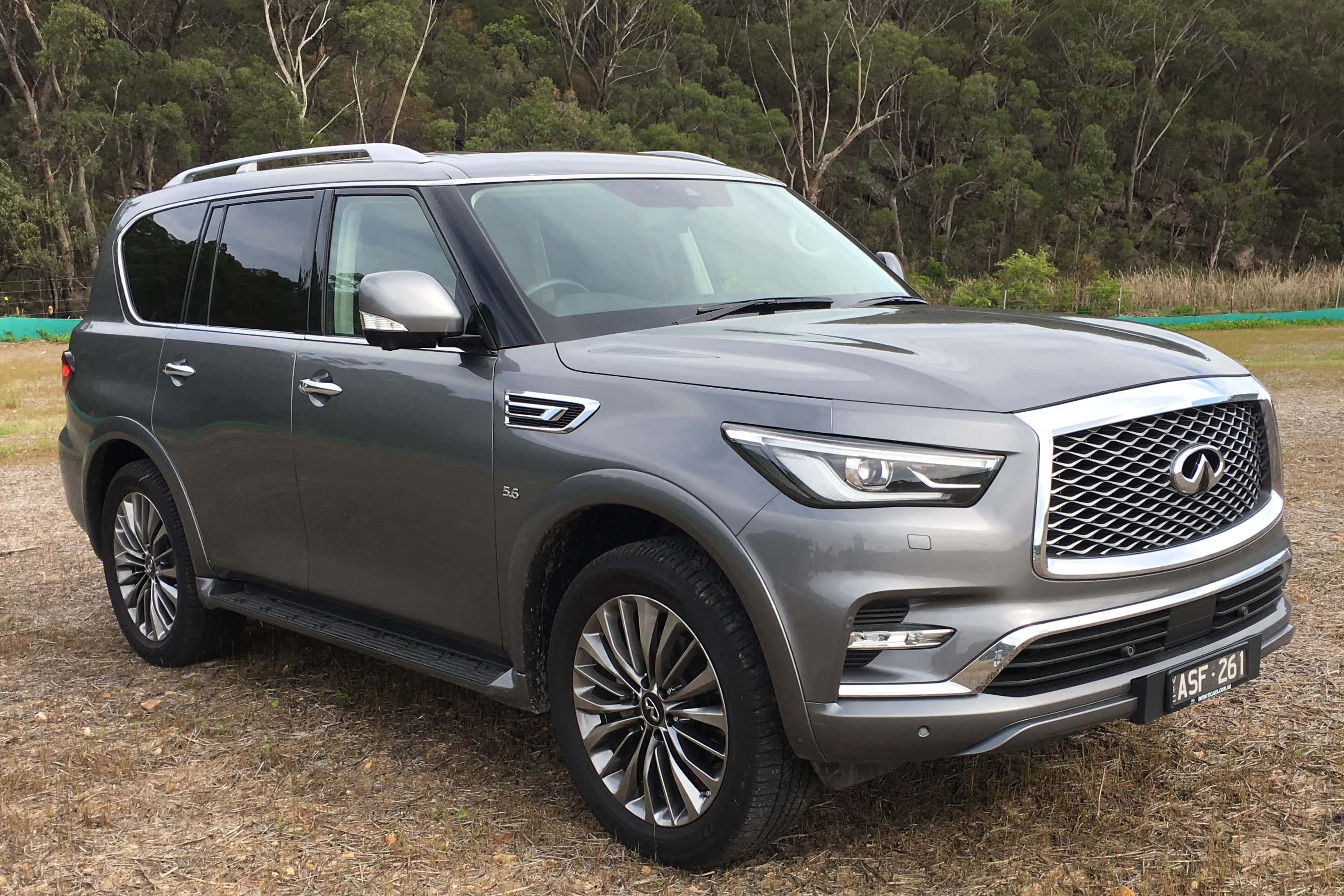 Infiniti QX80, silver, dry grass, 2K Desktop Wallpaper