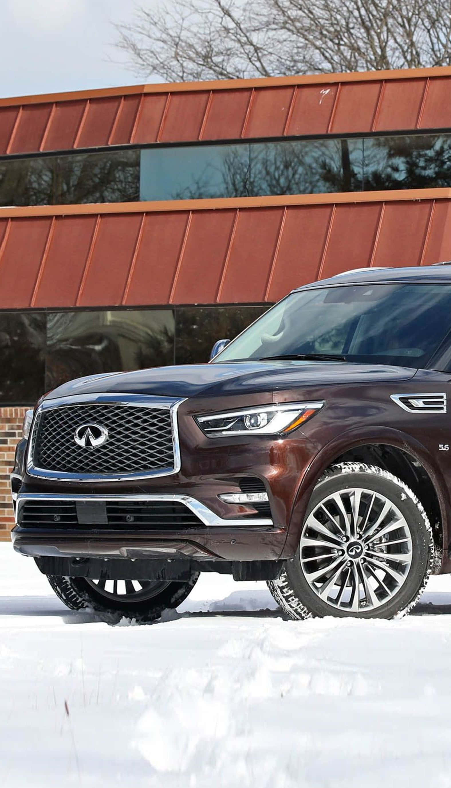Infiniti QX80, dark maroon, fresh snow, 2K Phone Wallpaper