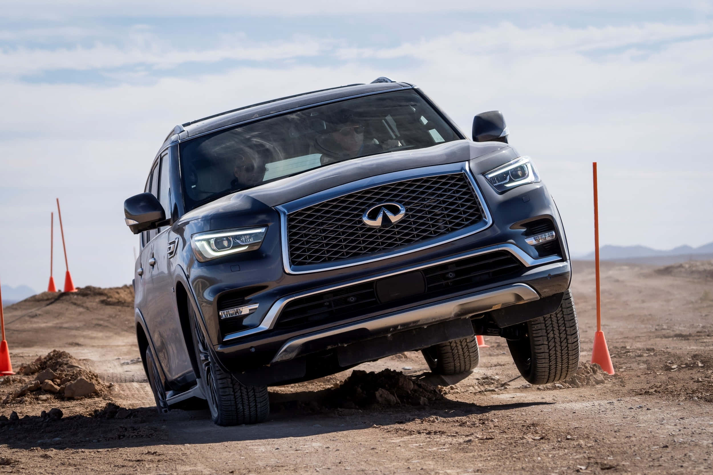 Infiniti QX80, dark gray, dirt mound, Full HD Desktop Wallpaper