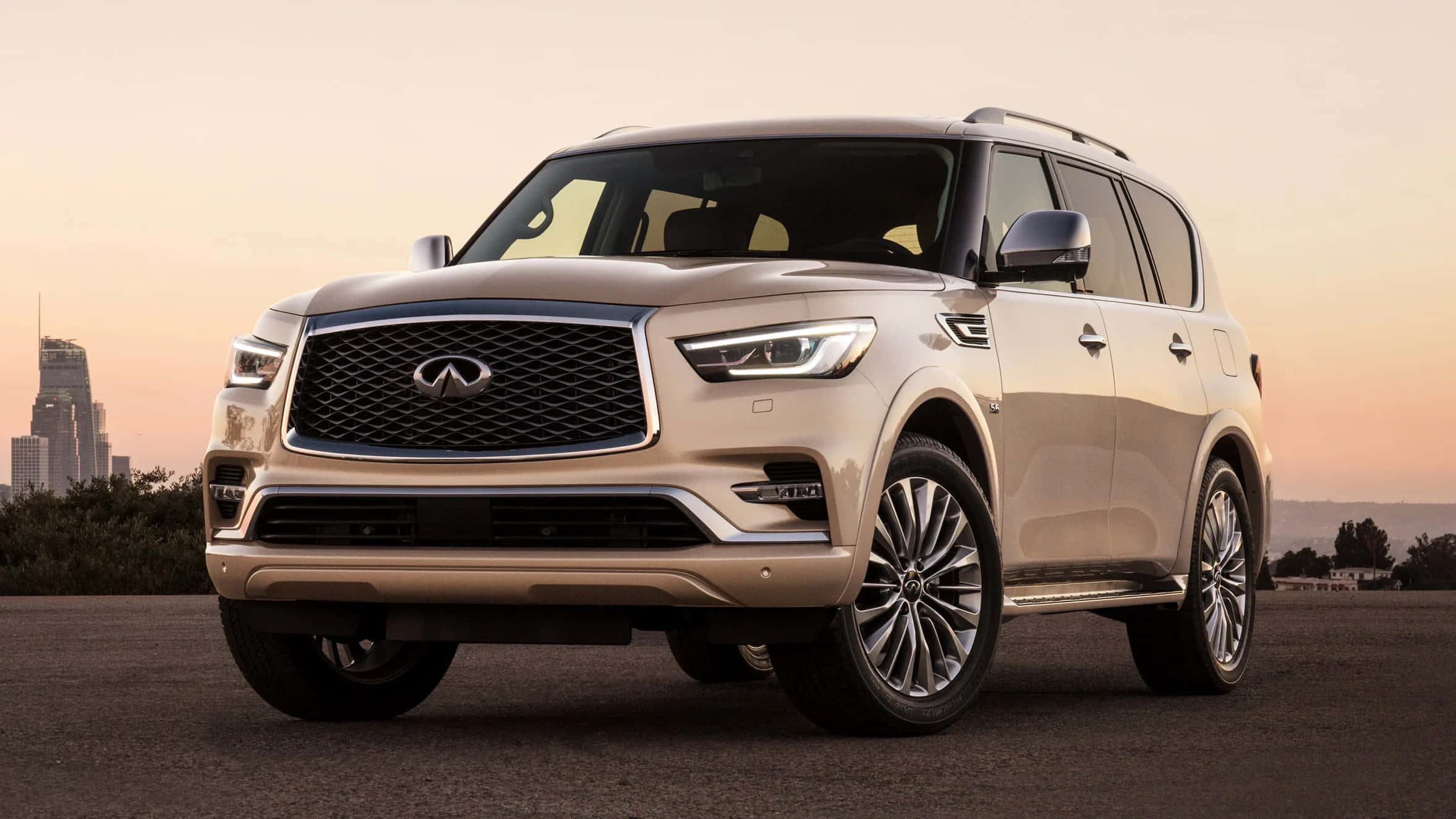 Infiniti QX80, beige, asphalt, Full HD Desktop Wallpaper