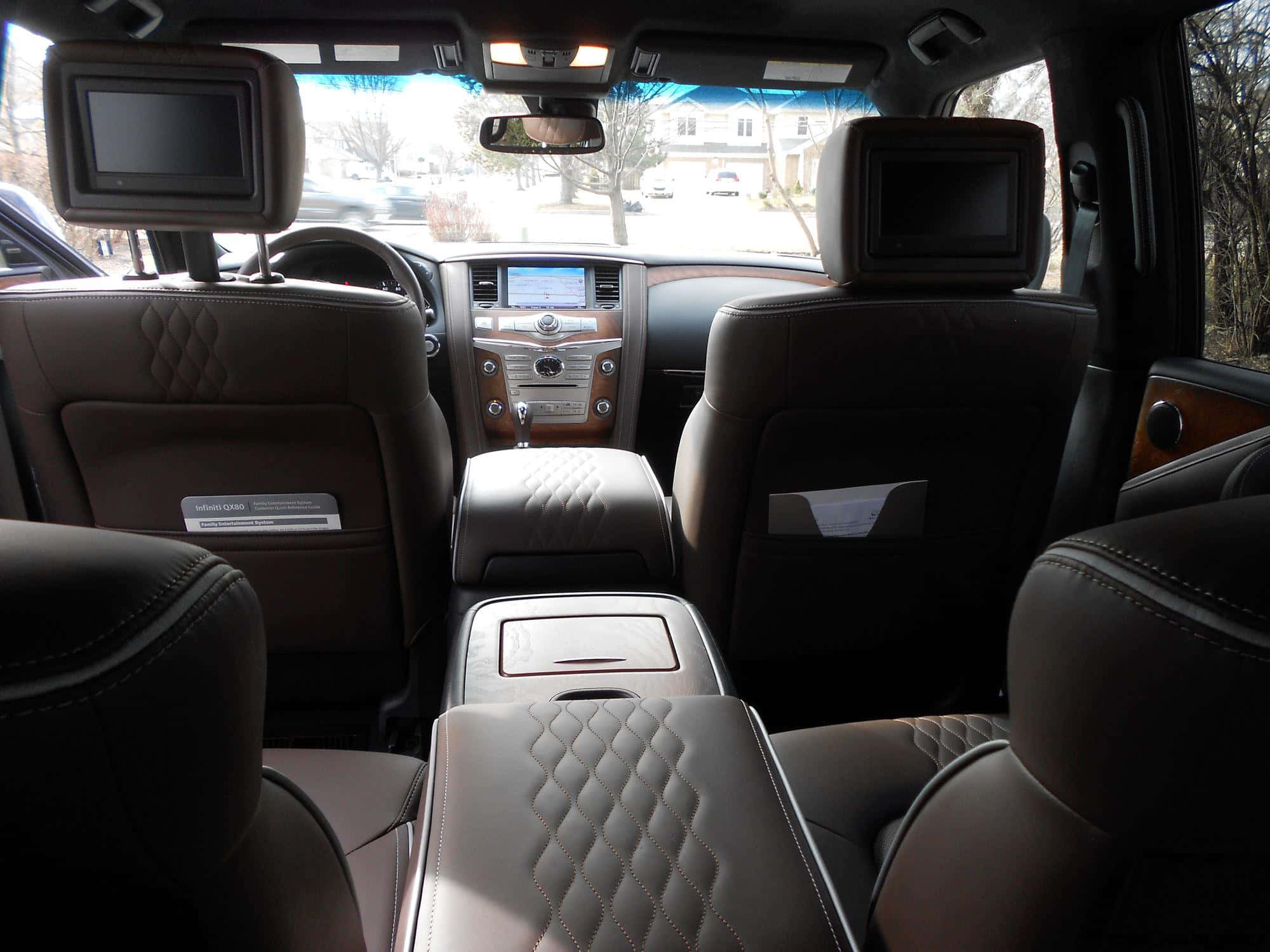 Infiniti QX80, quilted leather seats, headrest screens, Full HD Desktop Wallpaper