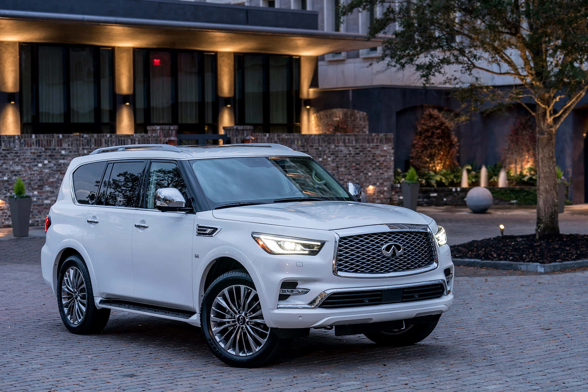 Infiniti QX80, white, twilight lights, Full HD Desktop Wallpaper
