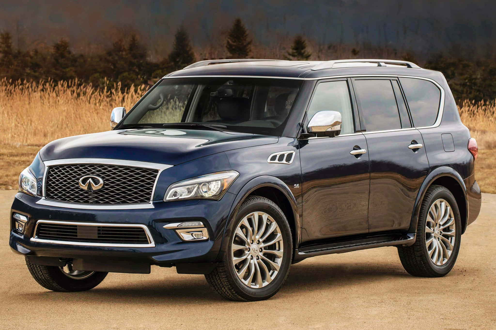 Infiniti QX80, dark blue, dirt, Full HD Desktop Wallpaper