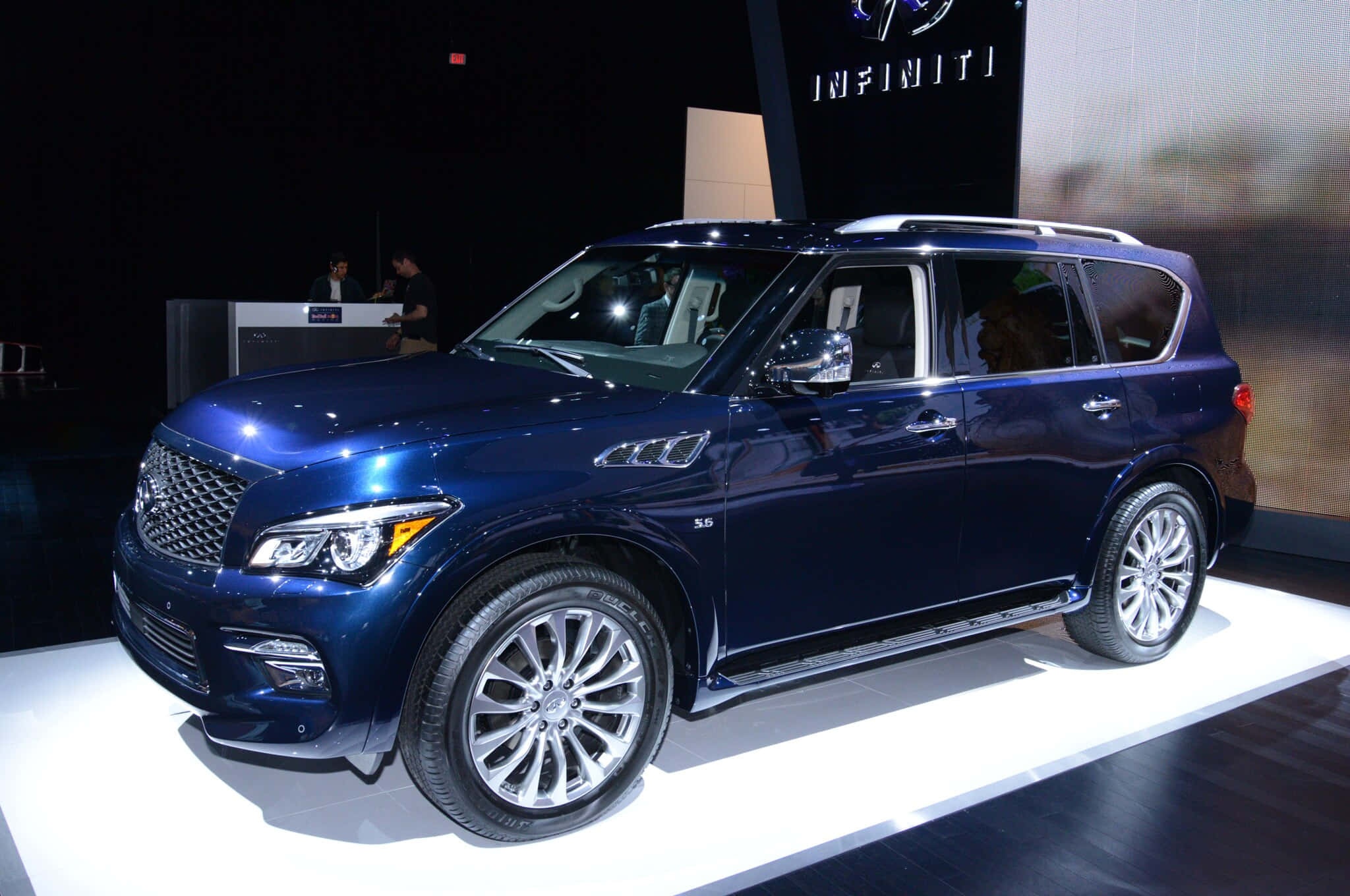 Infiniti QX80, blue, white platform, Full HD Desktop Wallpaper