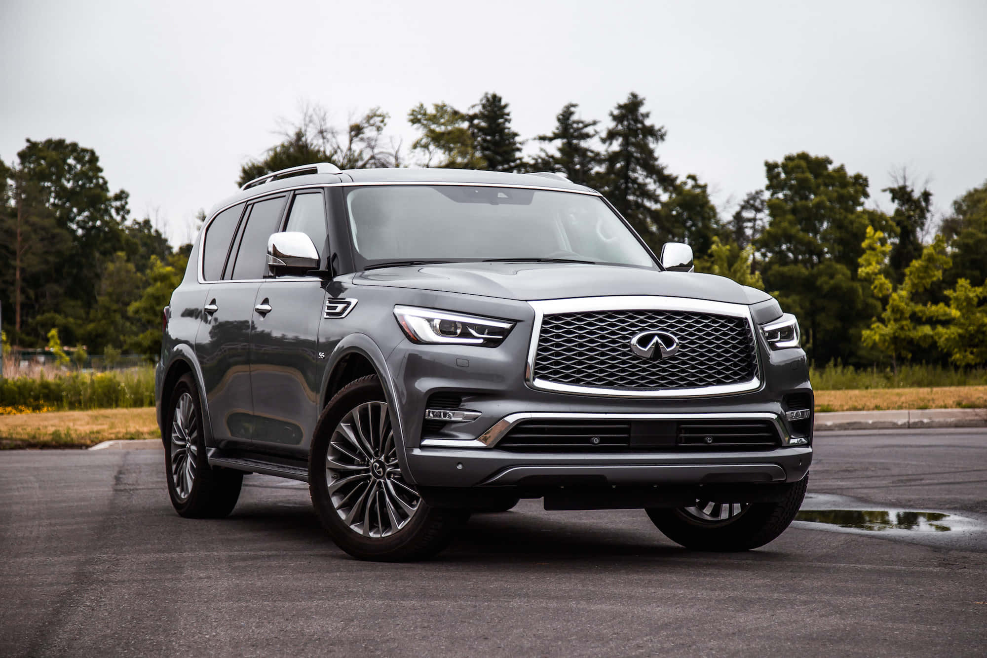 Infiniti QX80, gray, wet pavement, Full HD Desktop Wallpaper