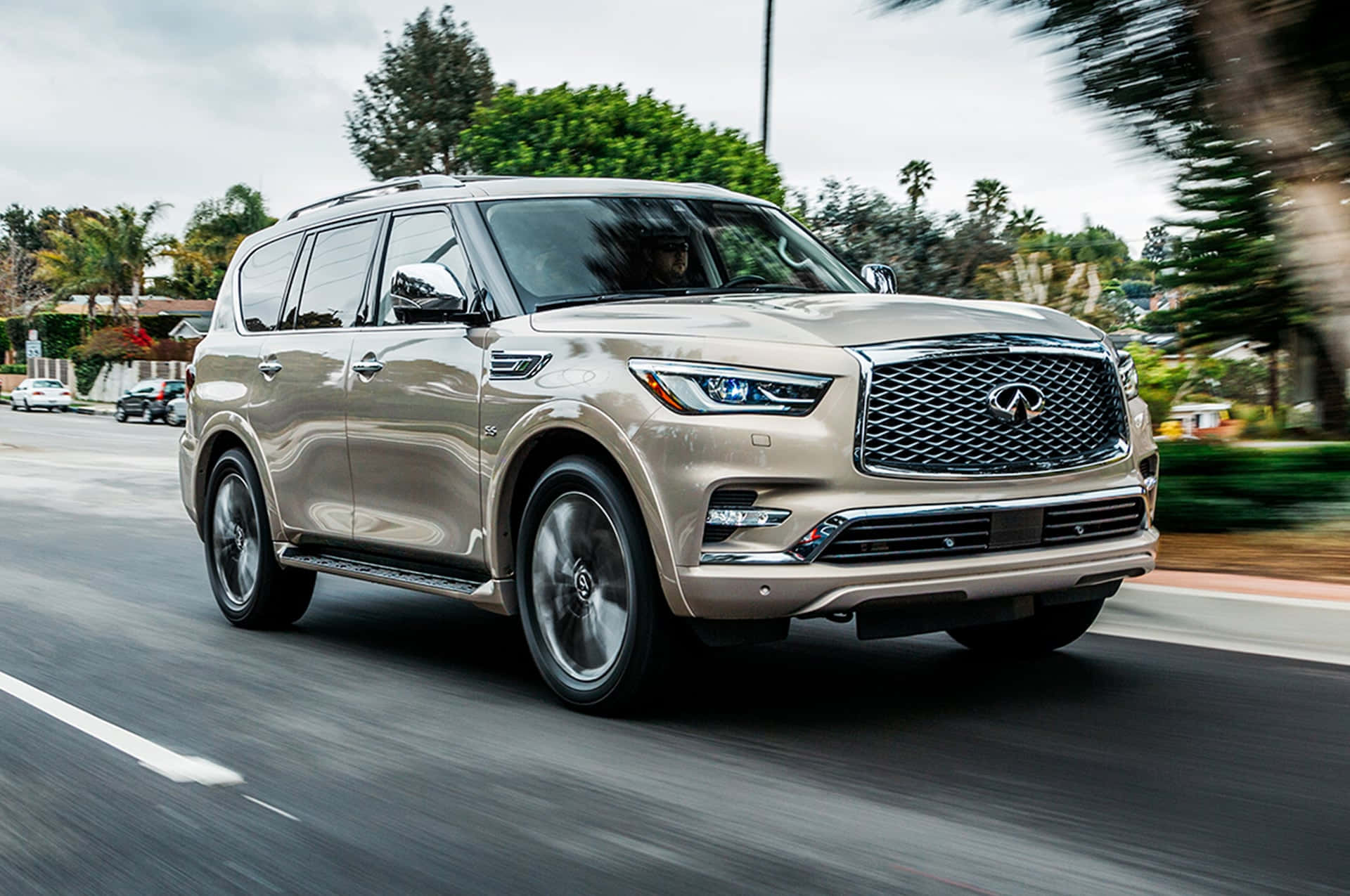Infiniti QX80, gold, suburban street, Full HD Desktop Wallpaper