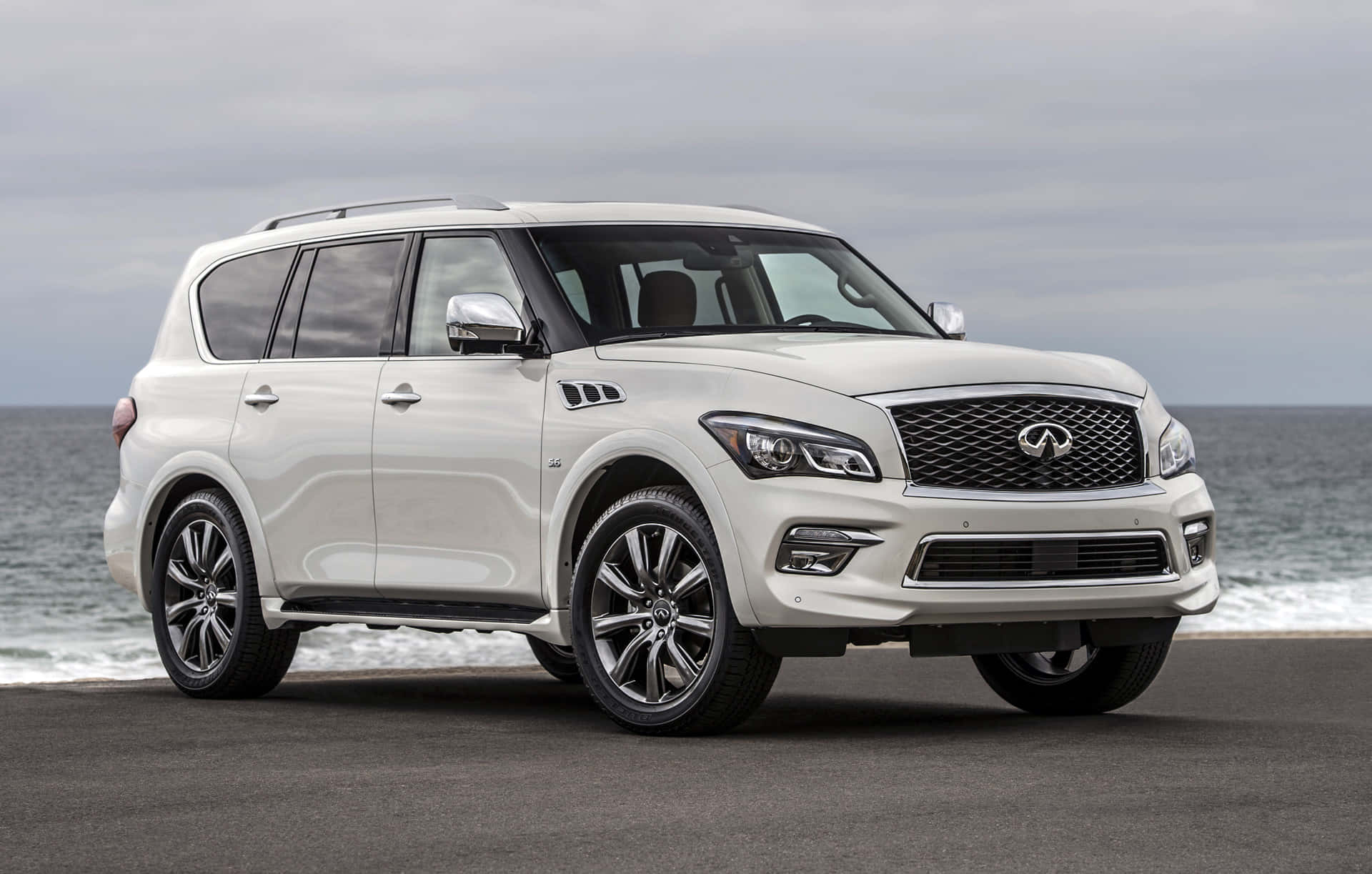 Infiniti QX80, white, coastal road, Full HD Desktop Wallpaper