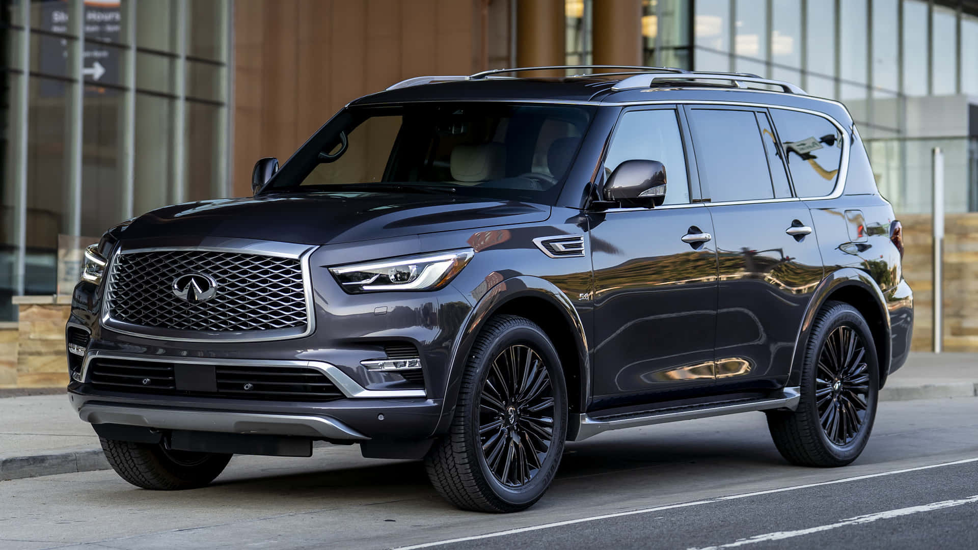 Infiniti QX80, black, city street, Full HD Desktop Wallpaper