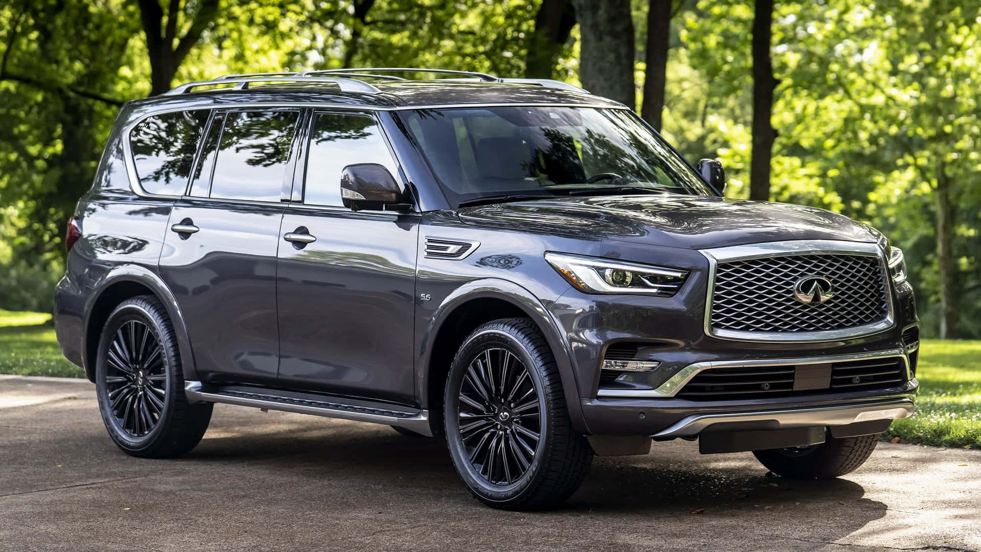 Infiniti QX80, gray, paved path, Full HD Desktop Wallpaper