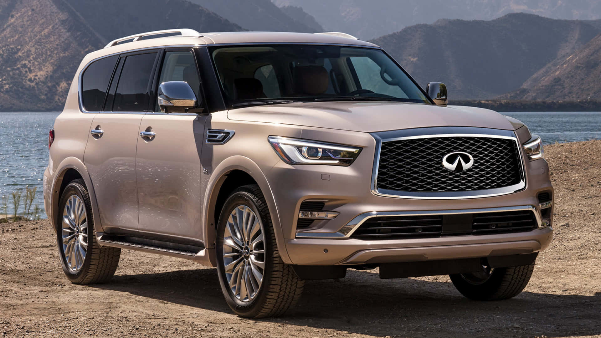 Infiniti QX80, gold, sandy shore, Full HD Desktop Wallpaper