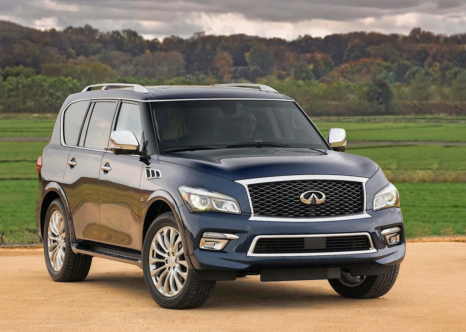 Infiniti QX80, dark blue, dirt road, HD Desktop Wallpaper
