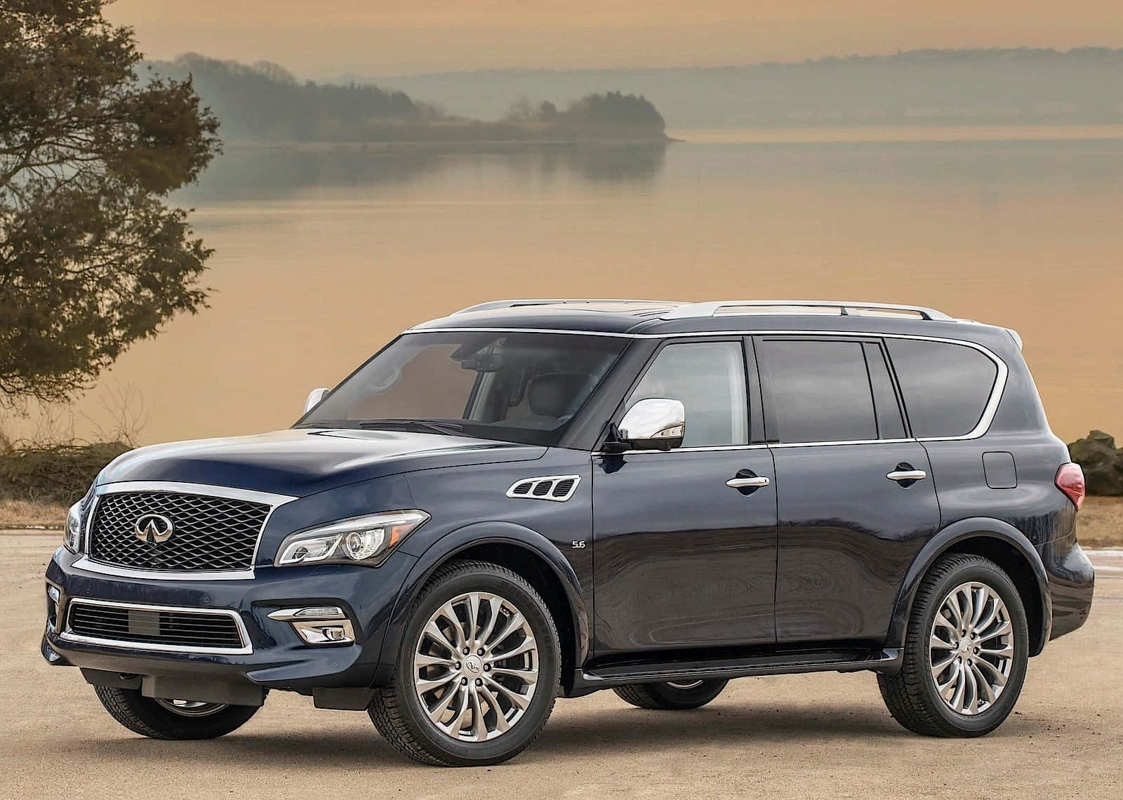 Infiniti QX80, dark blue, calm lake, HD Desktop Wallpaper