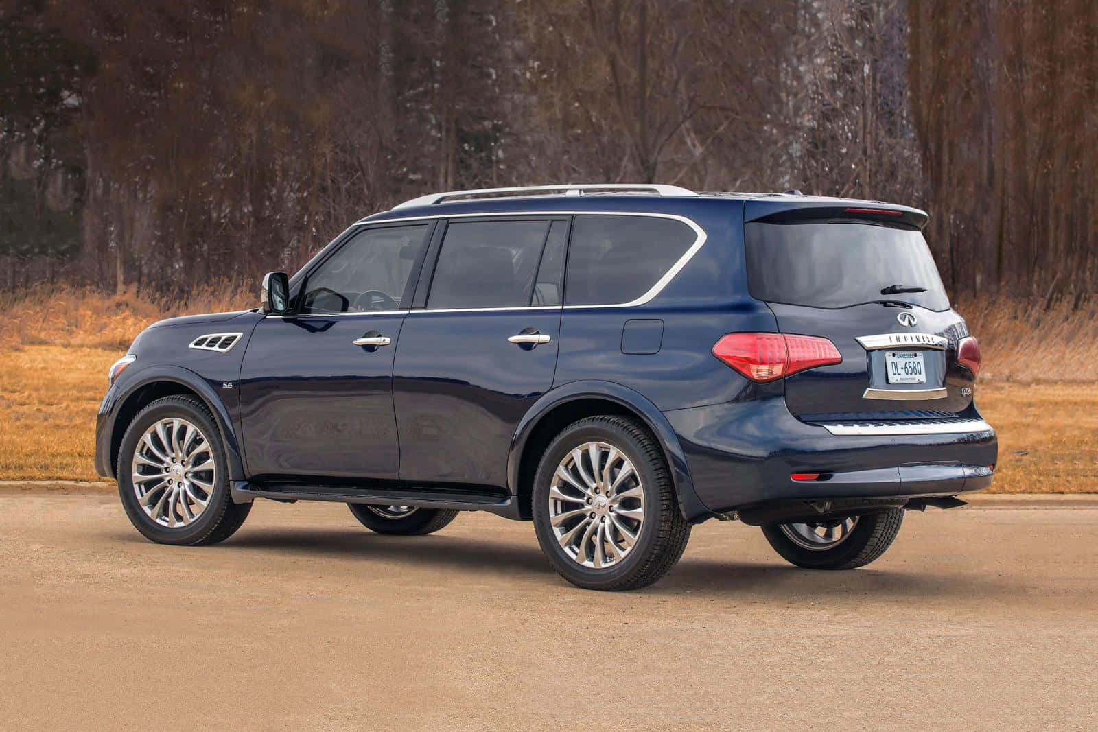 Infiniti QX80, dark blue, dirt road, HD Desktop Wallpaper