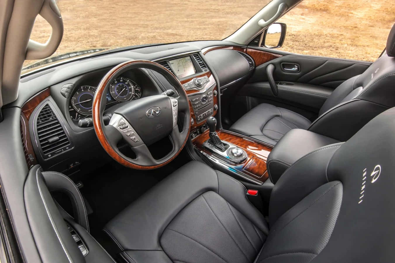Infiniti QX80, black leather seats, wood trim, HD Desktop Wallpaper