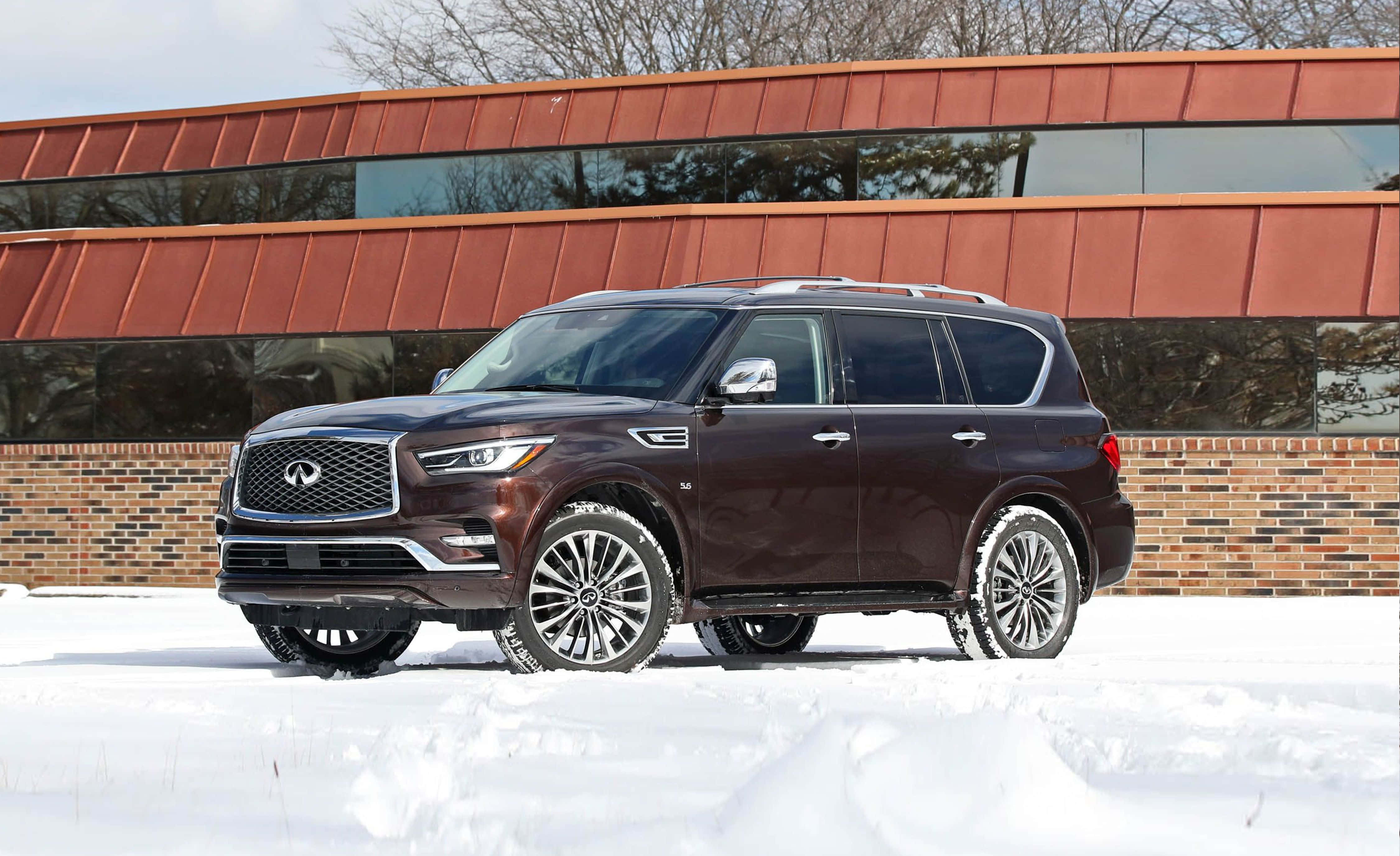 Infiniti QX80, dark brown, fresh snow, 4K Desktop Wallpaper